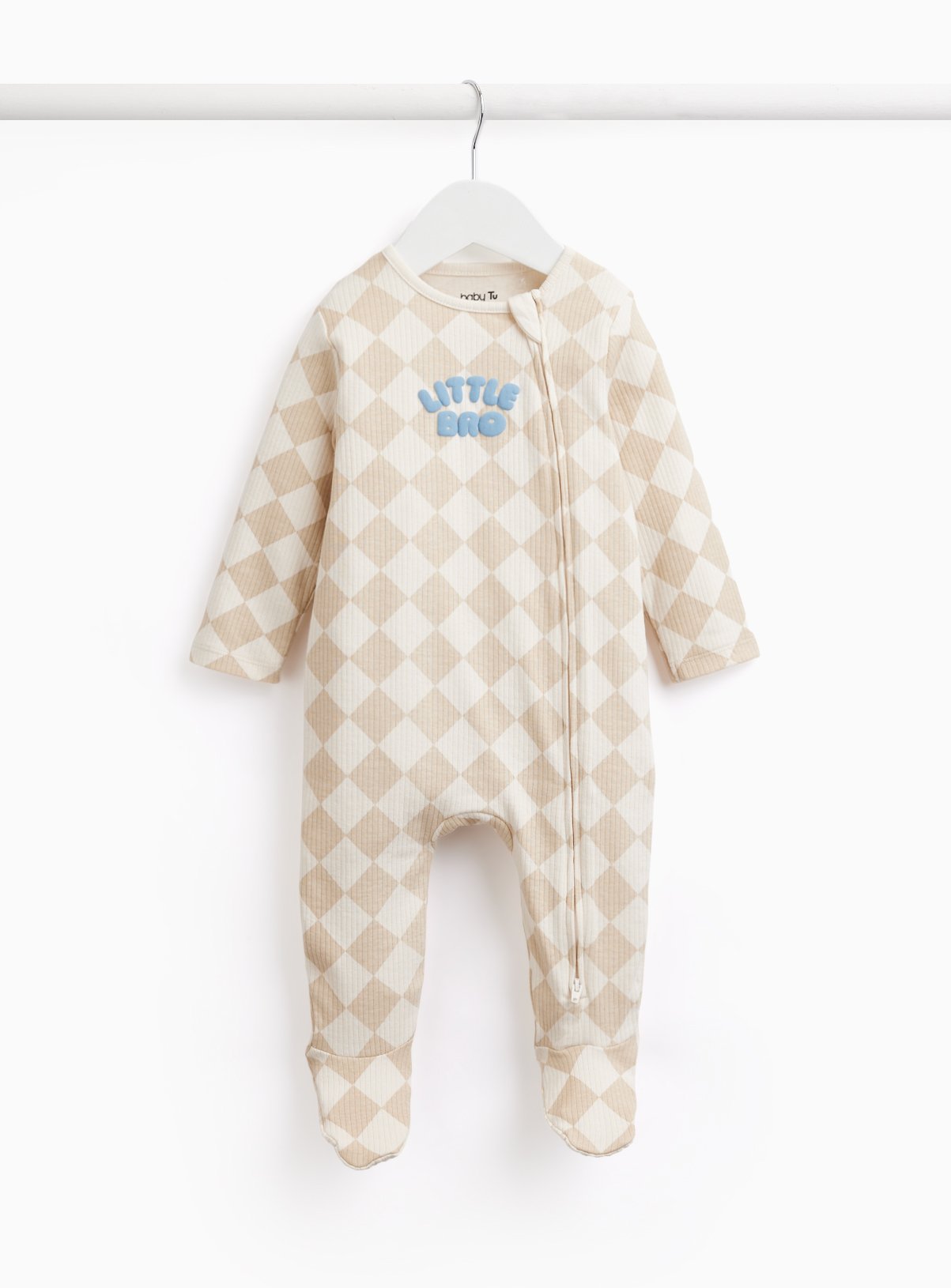 Natural Checkerboard Little Bro Print Sleepsuit Up to 3 mths
