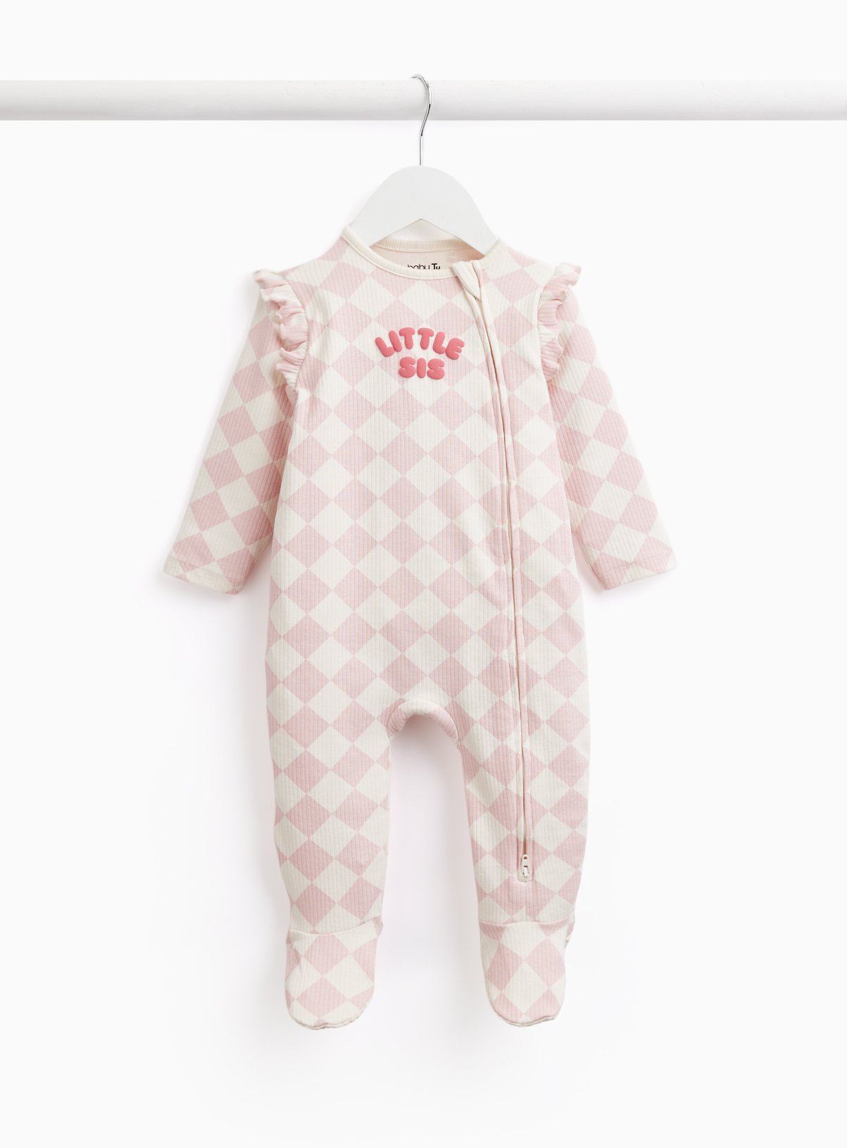 Pink Checkerboard Little Sis Print Ribbed Sleepsuit Up to 3 mths