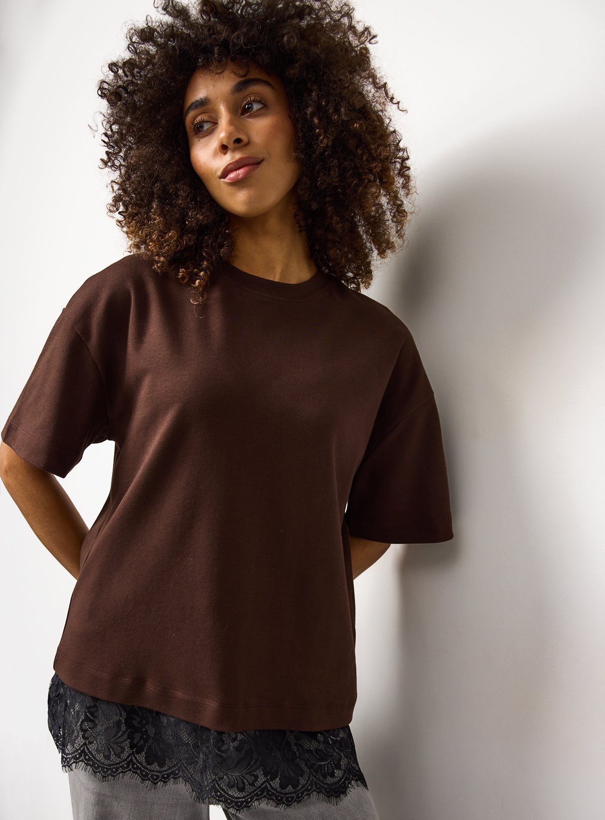 Brown Oversized Lace Hem Short Sleeve Top