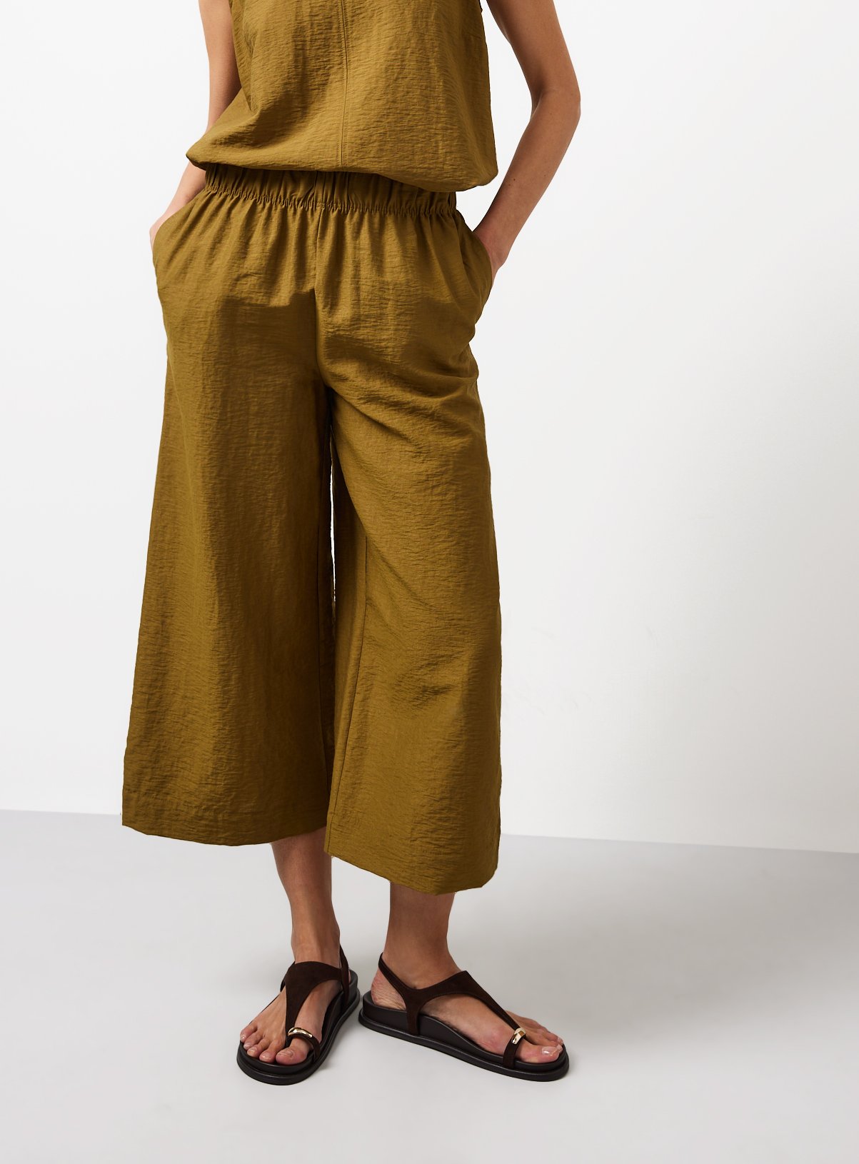Khaki Cropped Palazzo Leg Co-ord Culottes XS