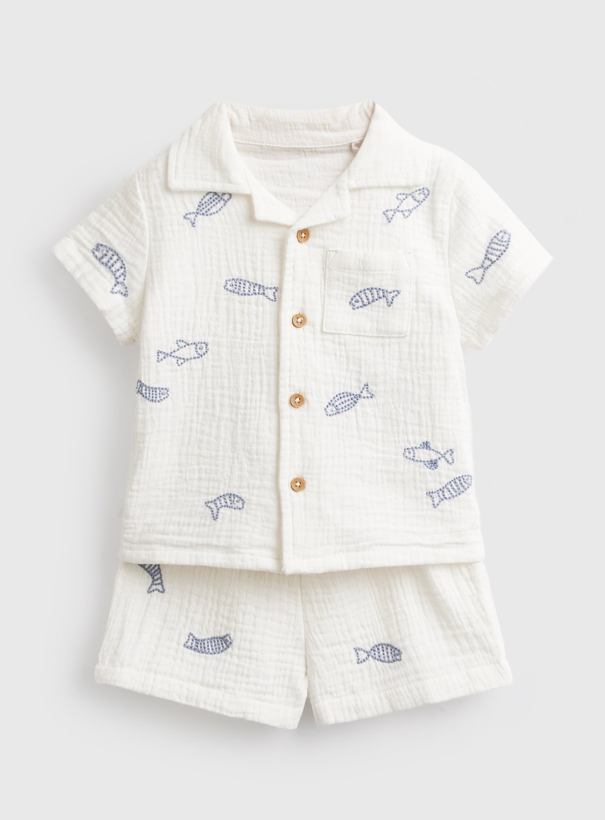 White Sardine Print Shirt & Shorts Set 9-12 months