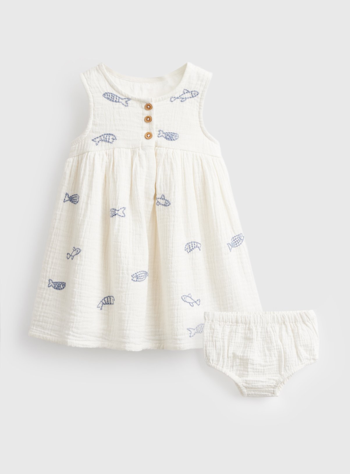White Sardine Print Dress & Knickers Set