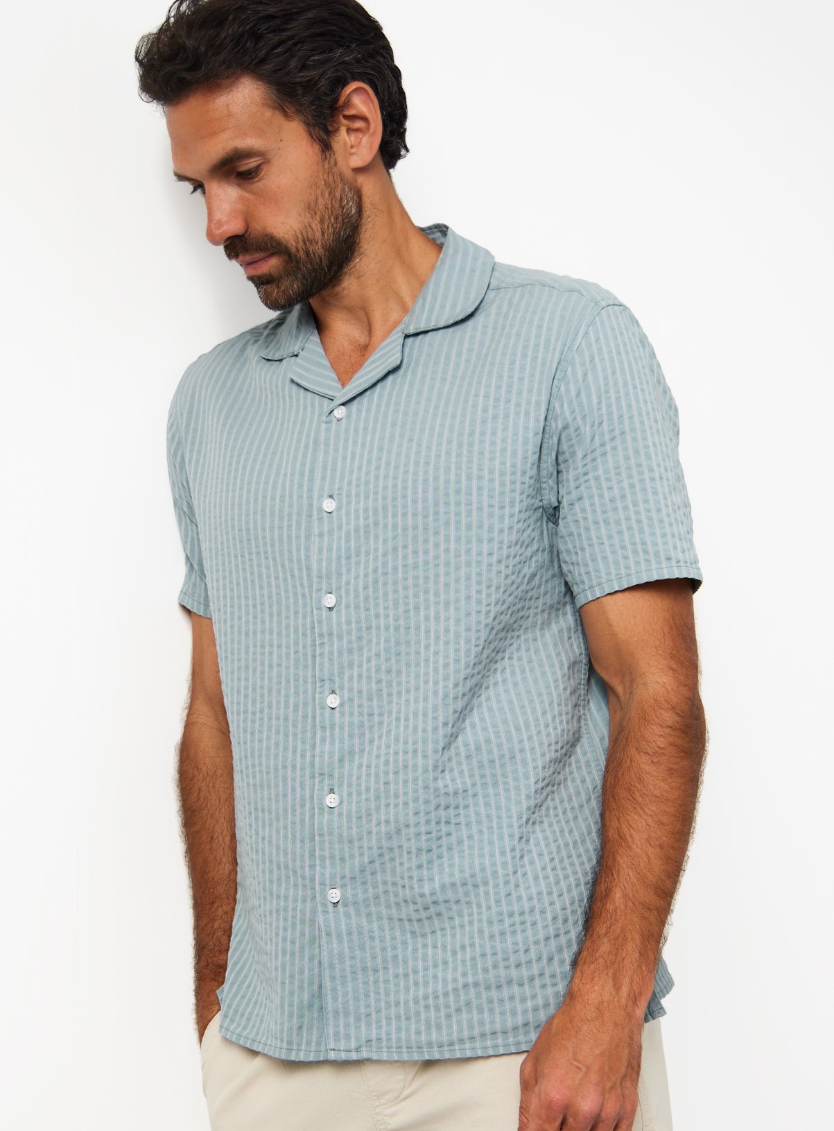 Stripe Print Seersucker Revere Neck Shirt 