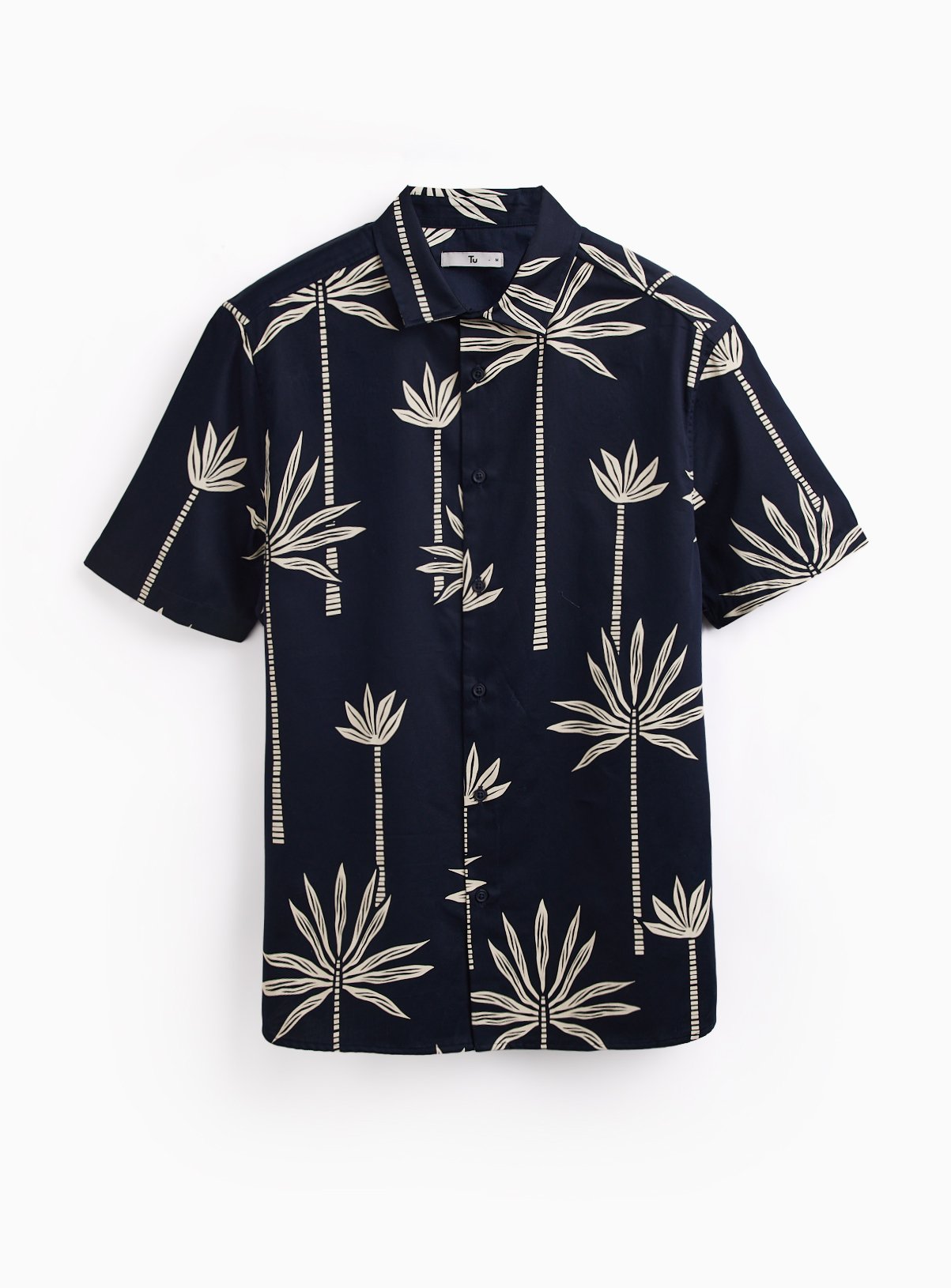 Black Palm Tree Print Satin Short Sleeve Shirt M