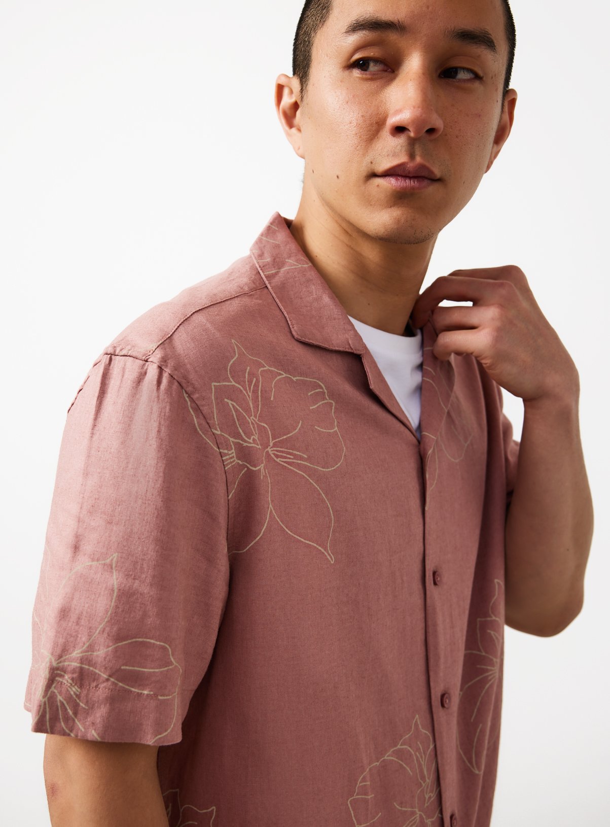 Floral Print Linen Blend Revere Neck Shirt 