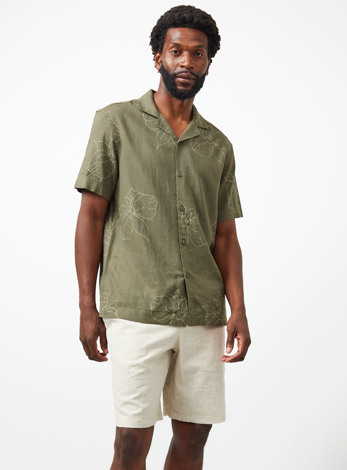 Floral Print Linen Blend Revere Neck Shirt 