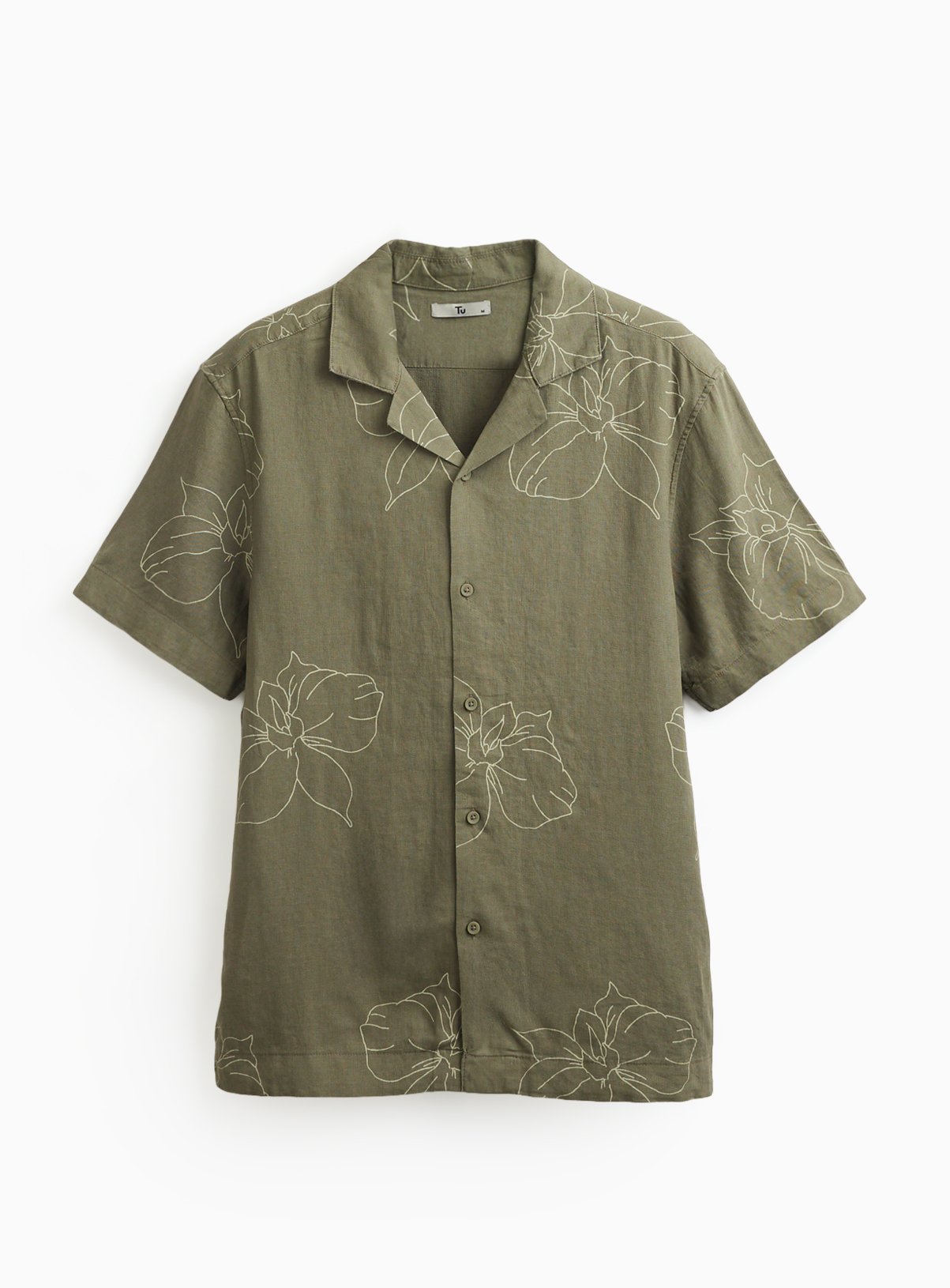 Khaki Floral Print Linen Blend Revere Neck Shirt XXXXL