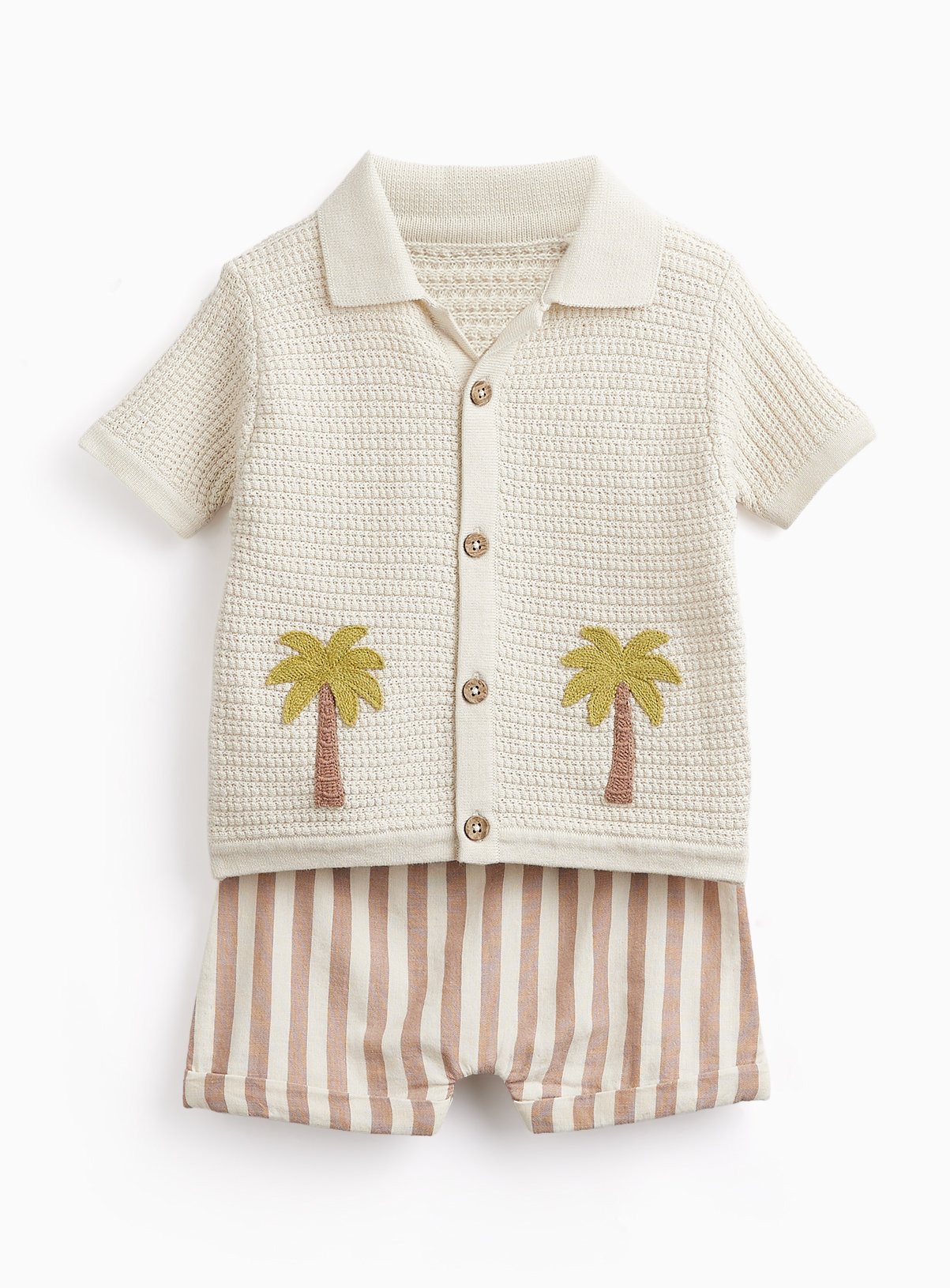 Cream Palm Tree Print Knitted Shirt & Shorts Set 