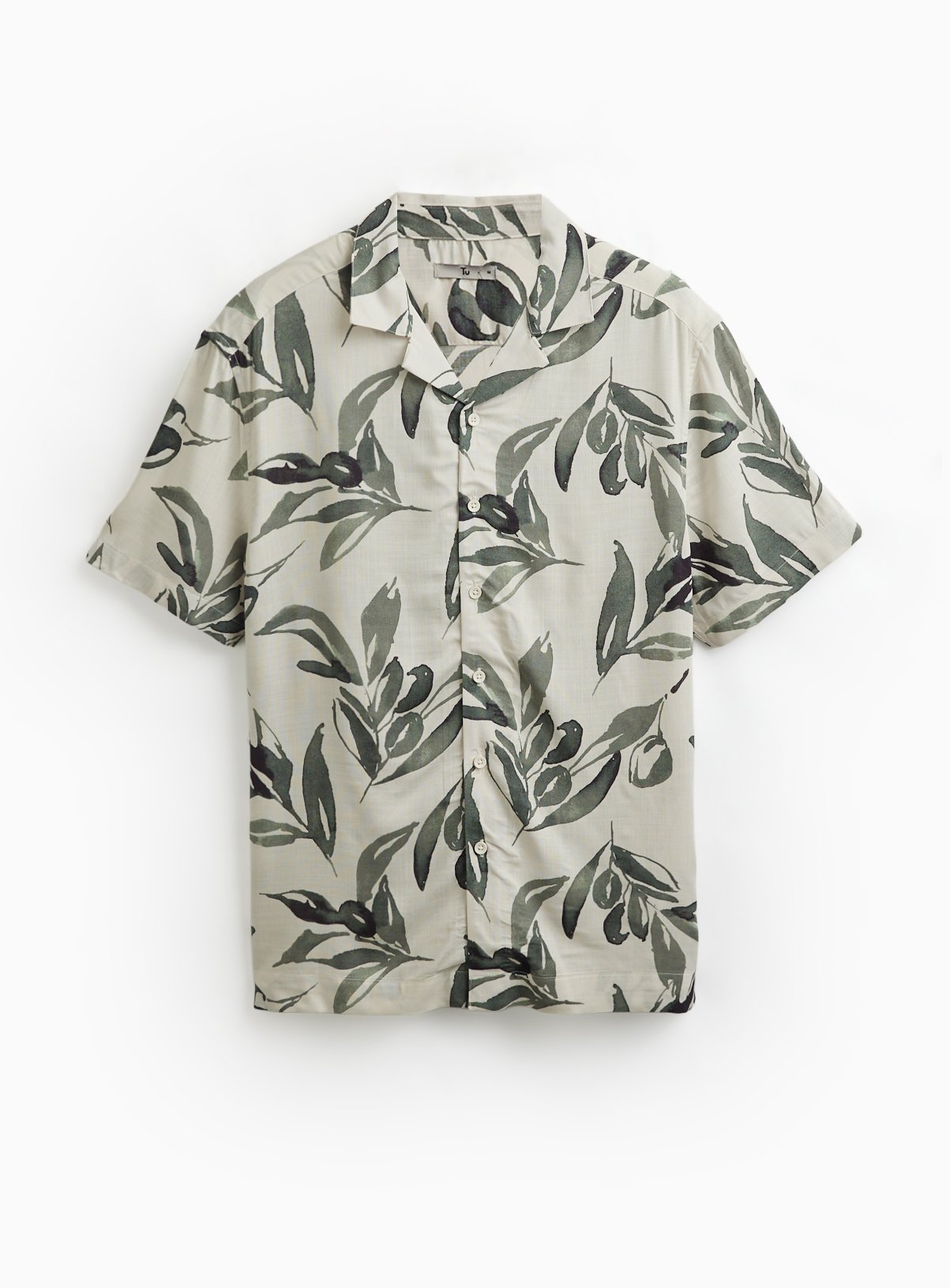 White Olive Print Slub Fabric Revere Neck Shirt XXXXL