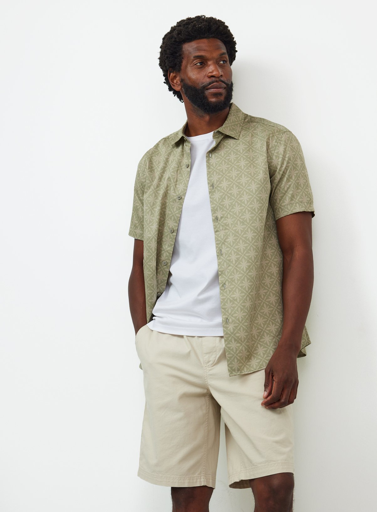 Green Mandala Print Satin Short Sleeve Shirt M