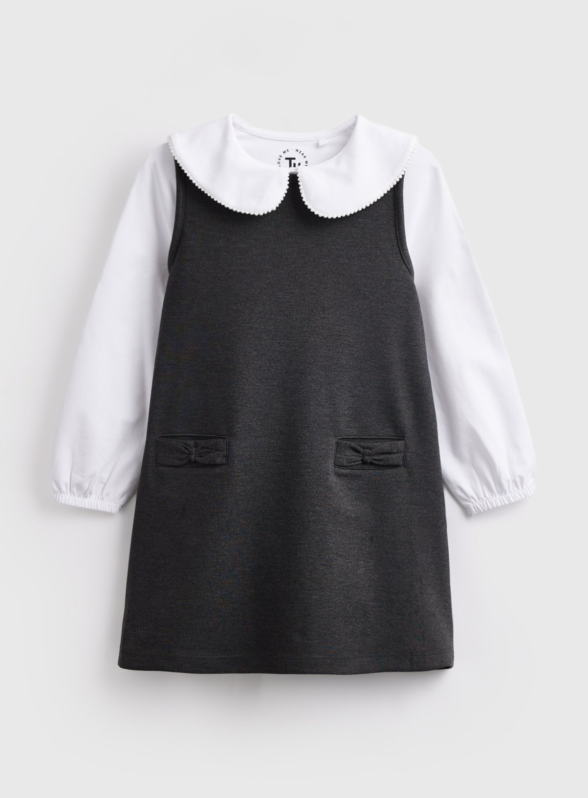 Grey Jersey Mock Collar Bow Pocket Detail School Pinafore 