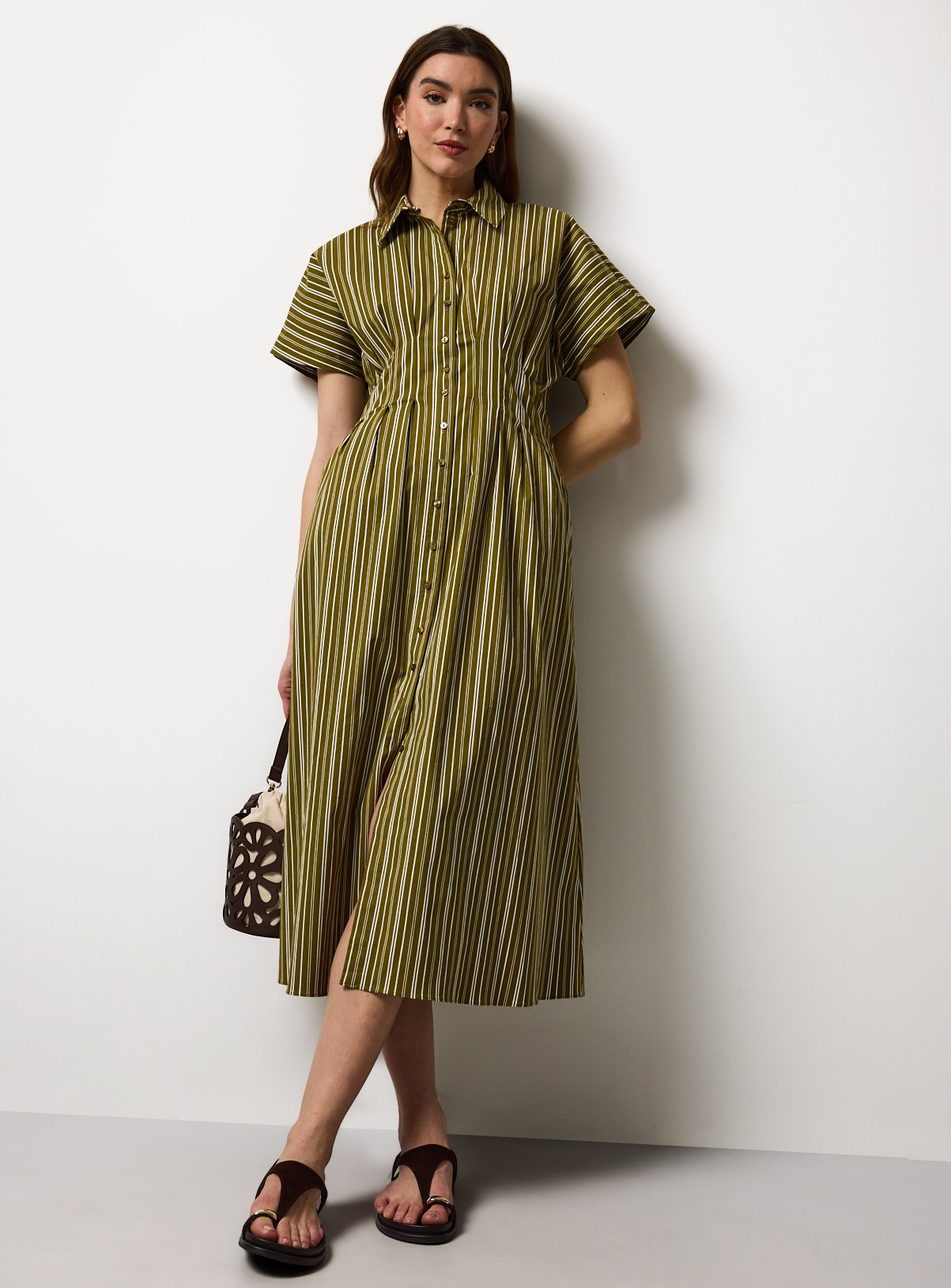 Khaki Striped Pleated Waist Midi Shirt Dress 