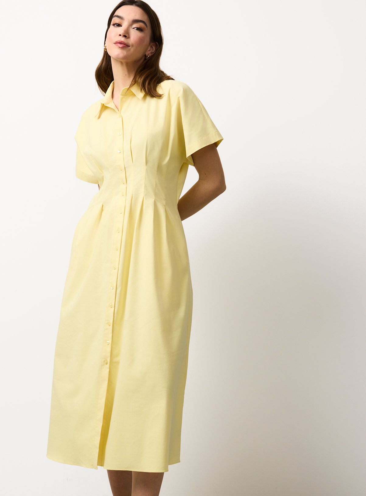 Yellow Pleated Waist Midi Shirt Dress