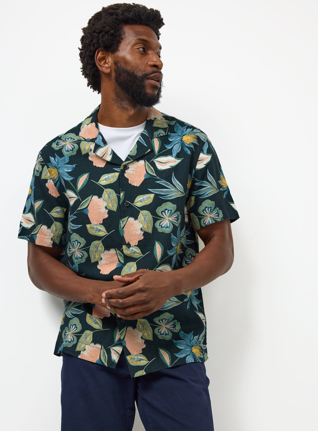 Navy Floral Print Linen Blend Revere Shirt XXL