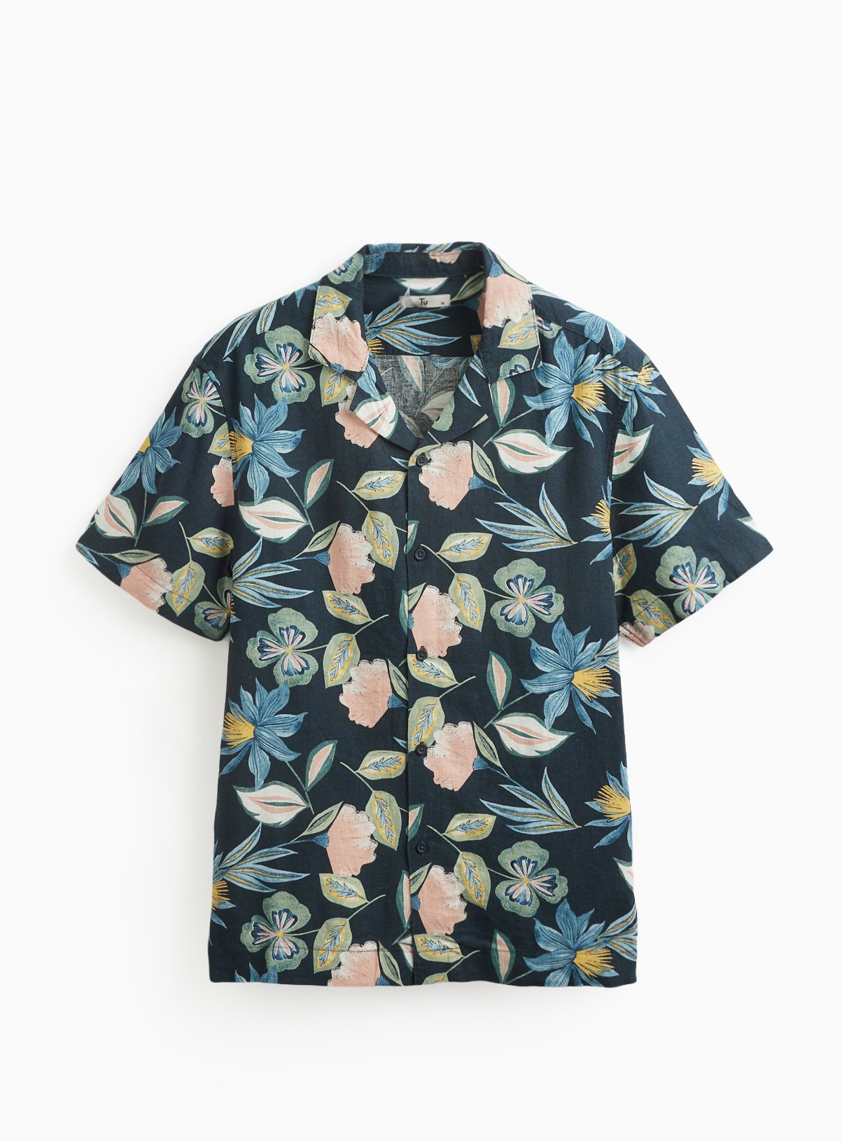 Navy Floral Print Linen Blend Revere Shirt XXXL