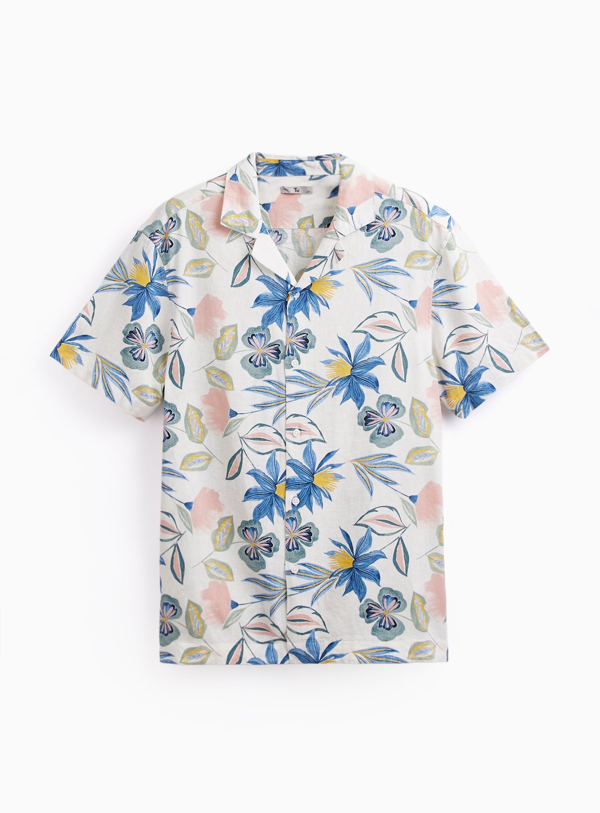 White Floral Print Linen Blend Revere Shirt M