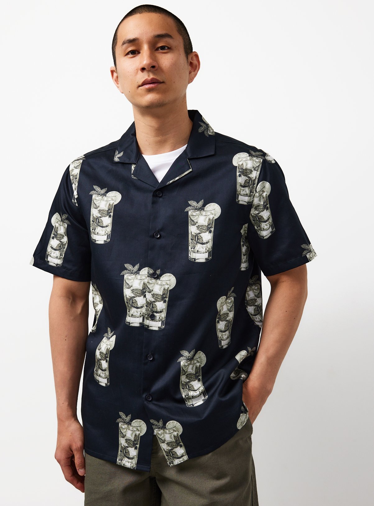 Black Mojito Print Satin Revere Shirt XXXXL