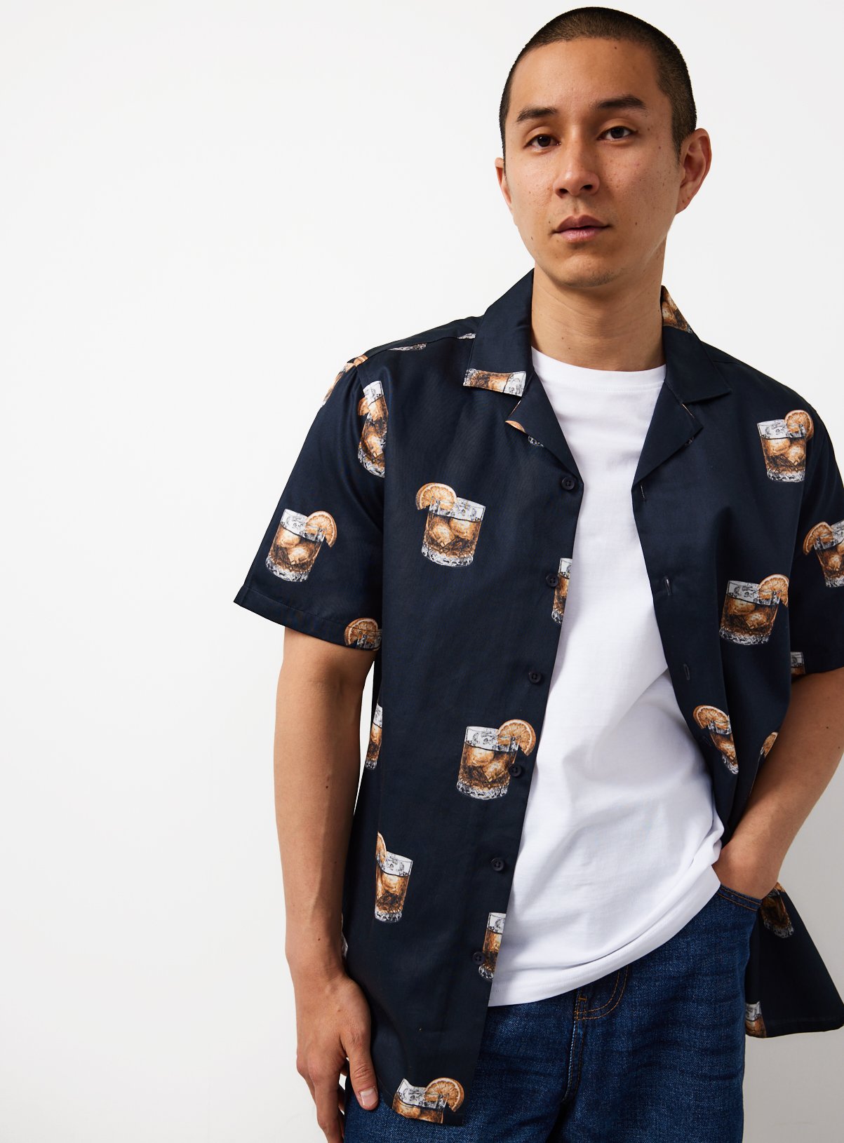 Navy Whisky Print Satin Revere Shirt