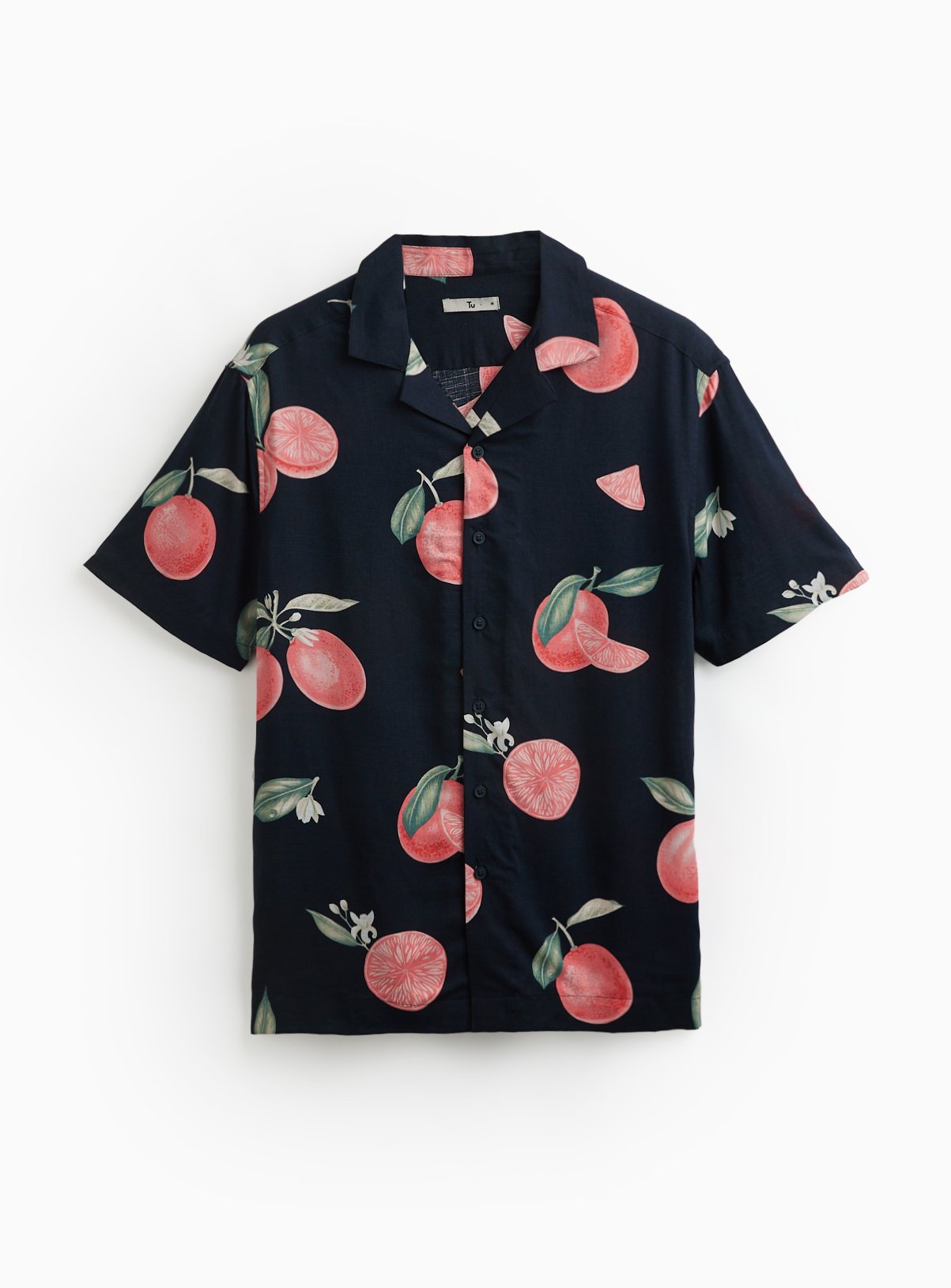 Navy Citrus Print Slub Fabric Revere Shirt 