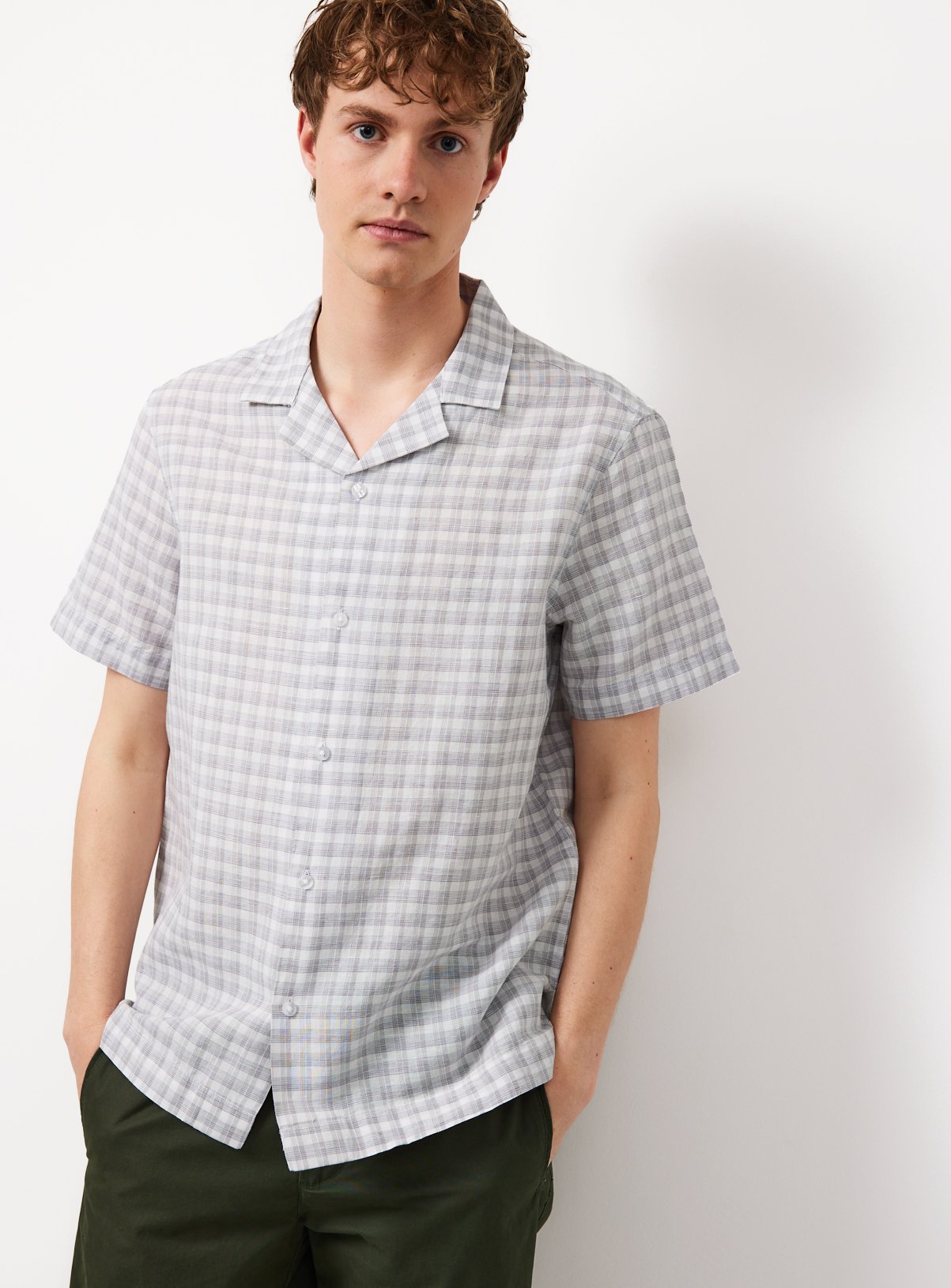 Grey Check Linen Blend Revere Shirt M