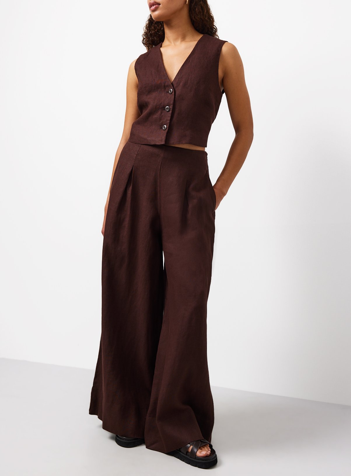 Brown Pure Linen Palazzo Trousers 8R
