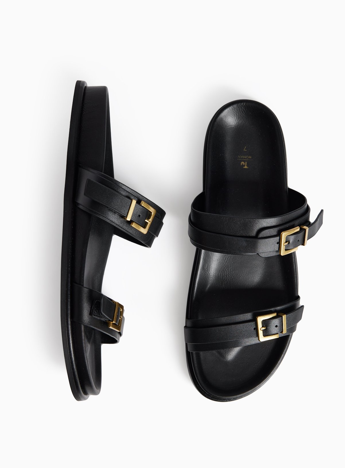 Black Leather Buckle Footbed Sandals