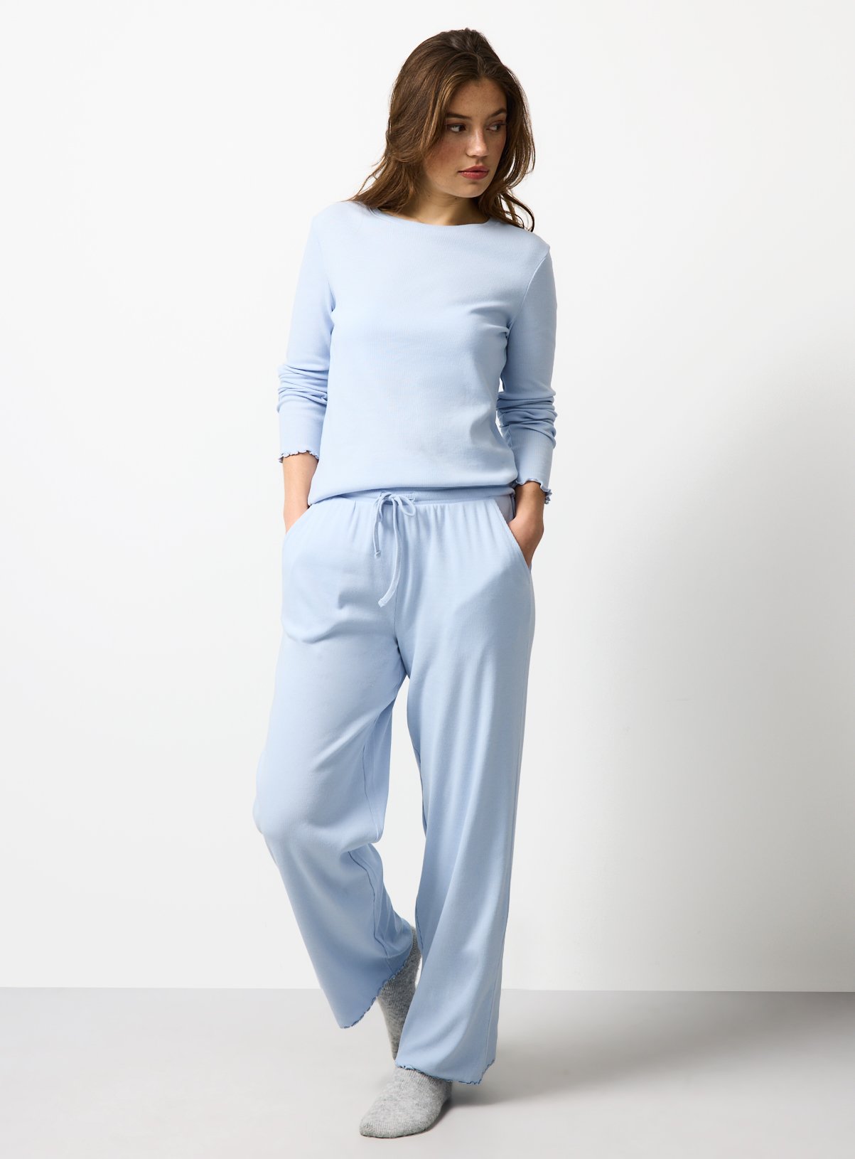Blue Ribbed Wide Leg Co-ord Pyjama Bottoms M