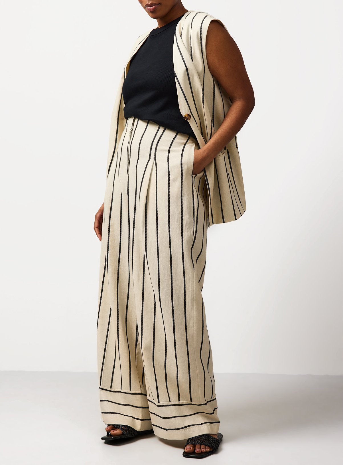 Cream Stripe Linen Blend Wide Leg Trousers