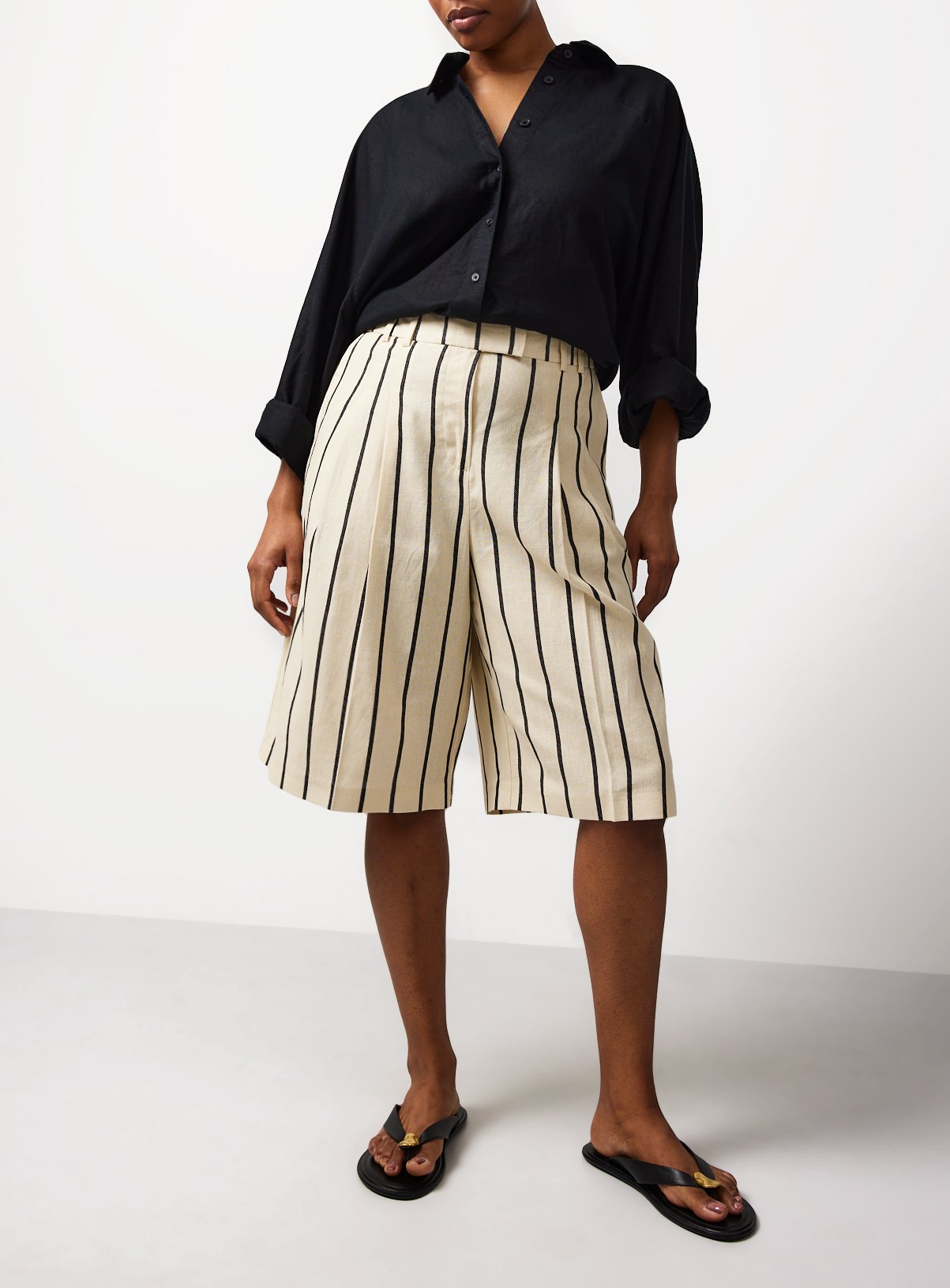 Cream Stripe Tailored Linen Blend Jorts 