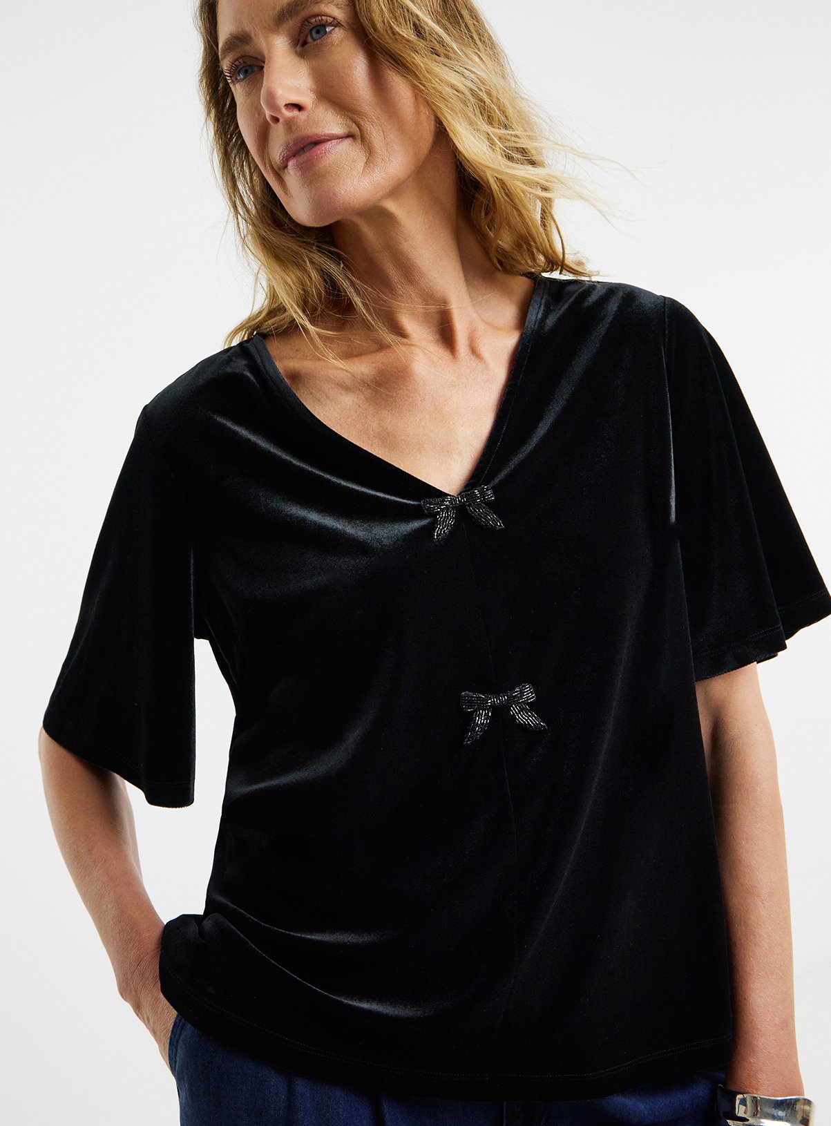 JD WILLIAMS Velvet Bow Front Angel Sleeve Top 