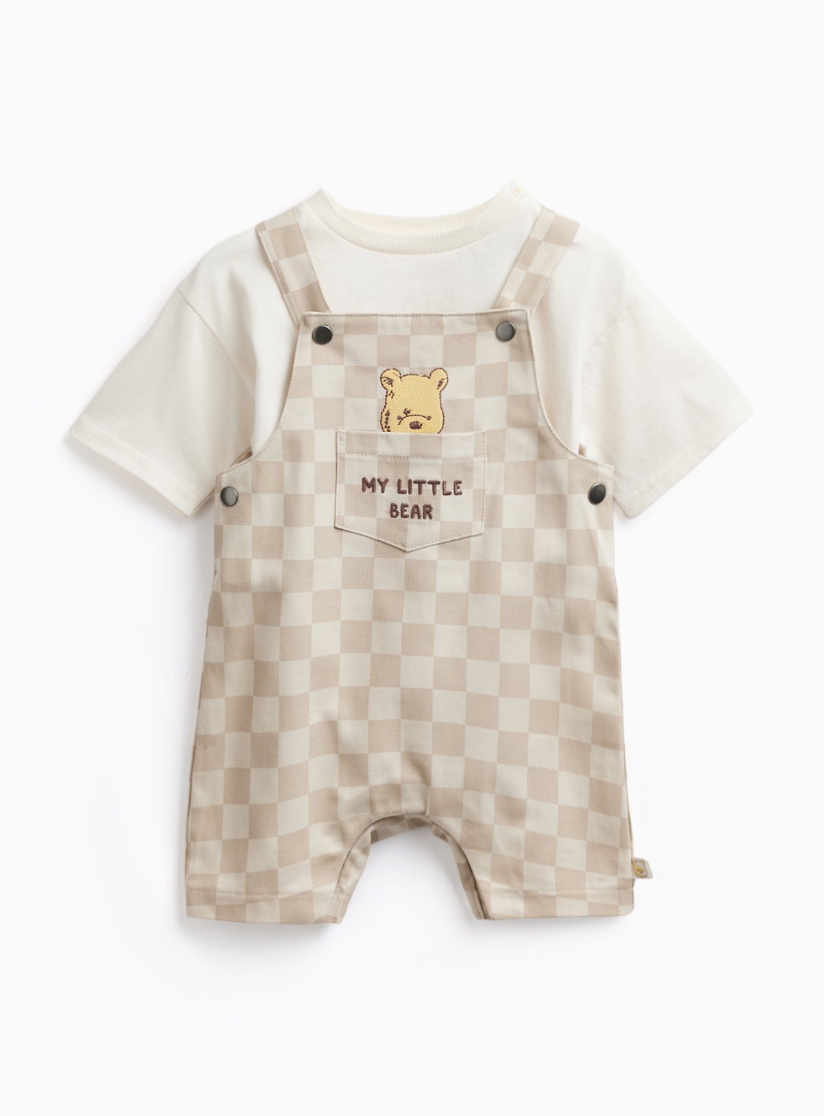 Beige Checkerboard Winnie The Pooh Print Dungarees & T-Shirt Set Up to 3 mths