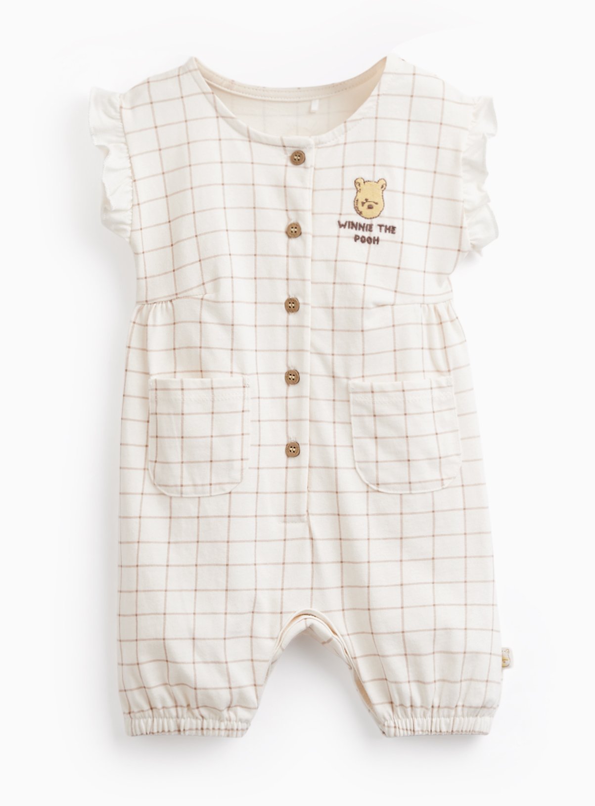 Beige Winnie The Pooh Print Frill Sleeve Romper 