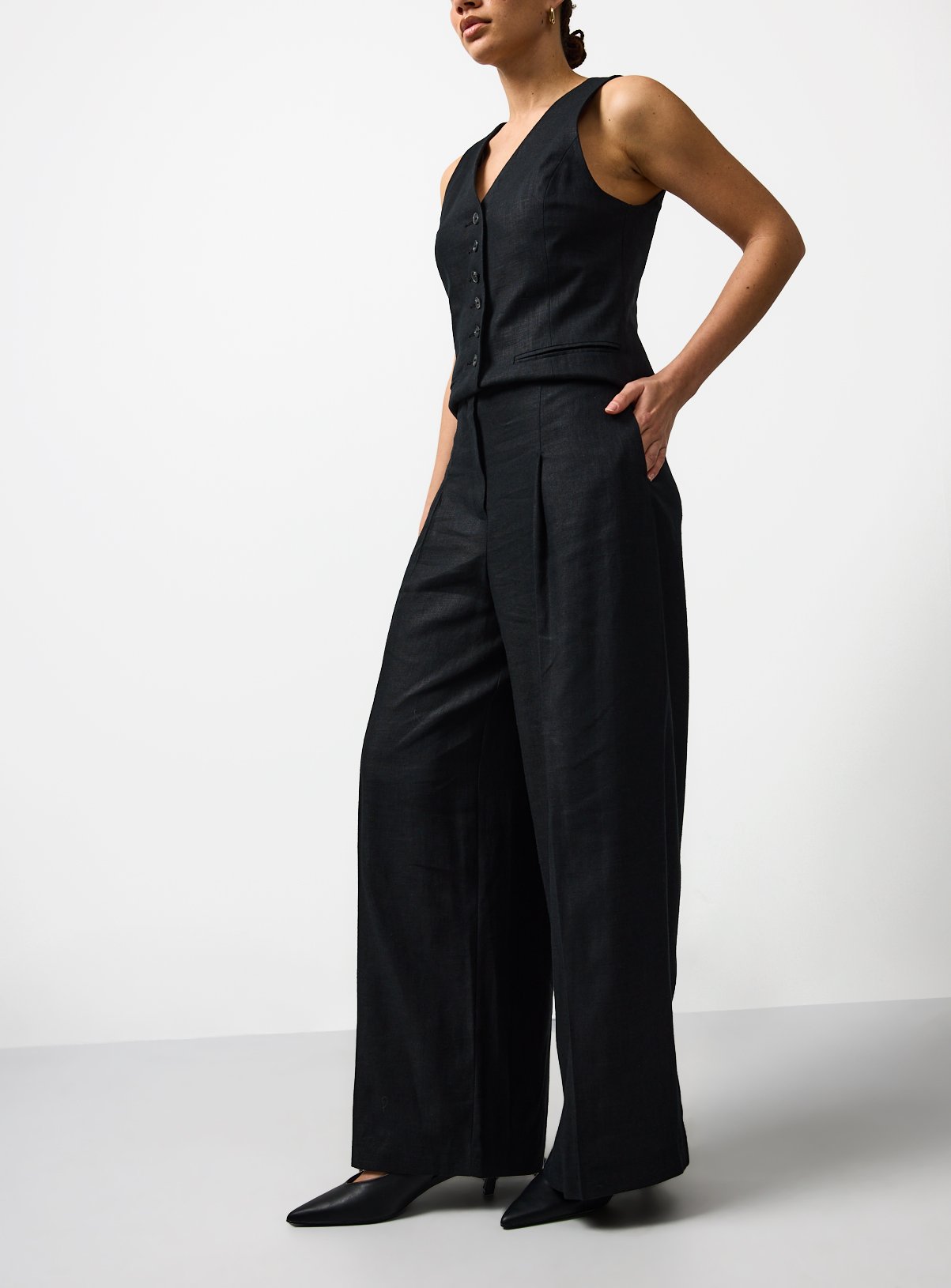 Black Linen Blend Wide Leg Trousers 