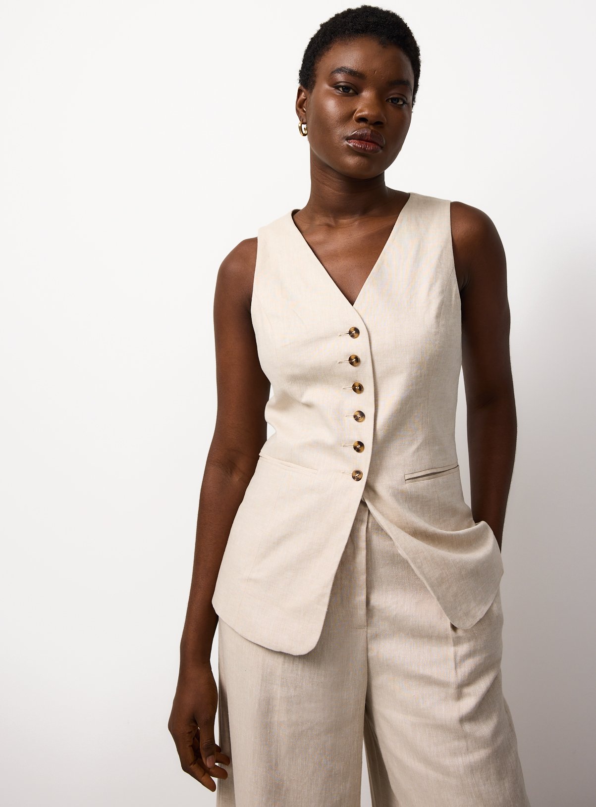 Neutral Longline Linen Waistcoat 12