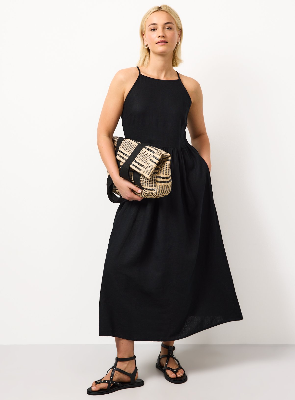 Black Linen Blend Linen Waisted Dress 18