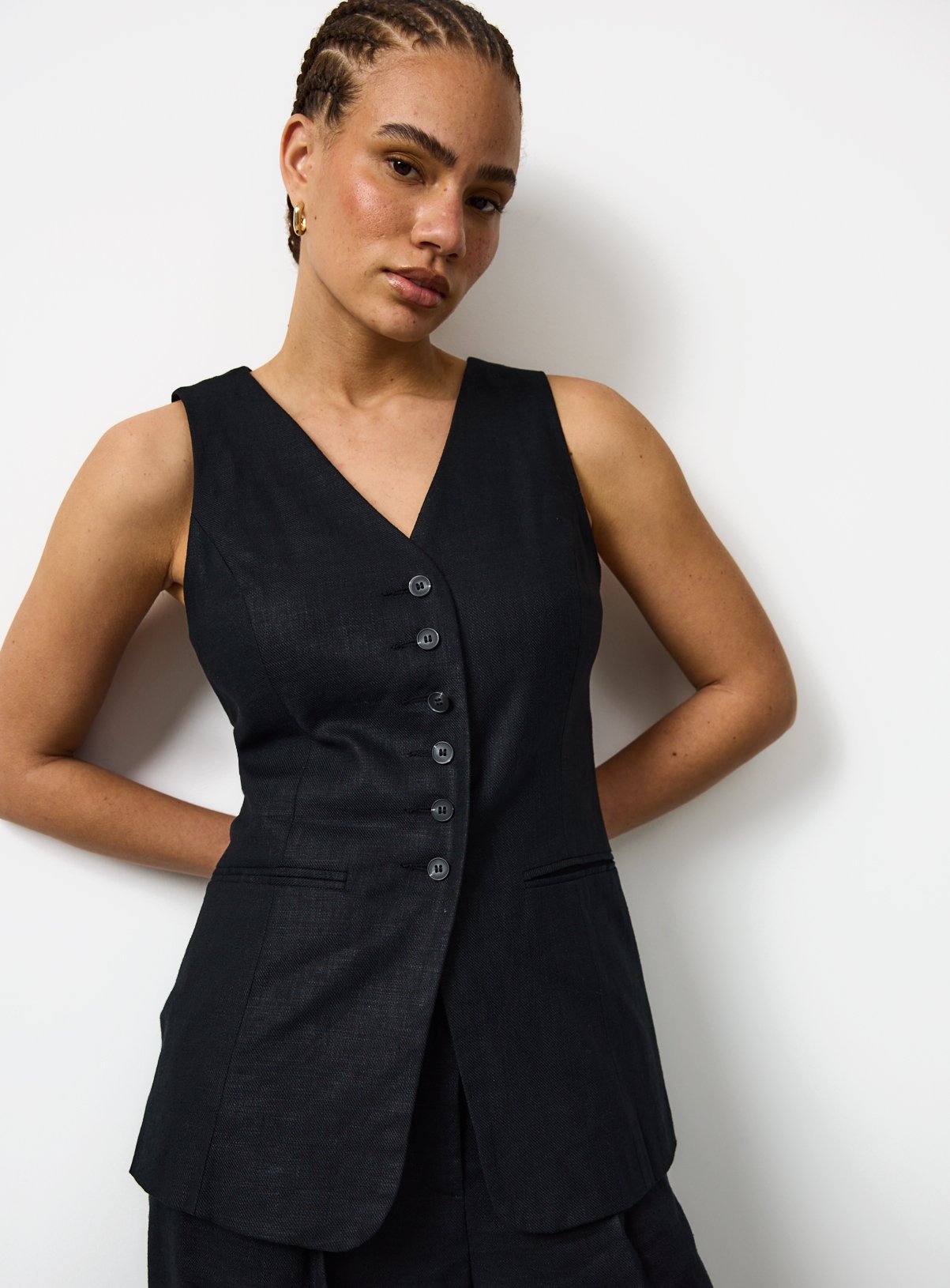 Black Linen Blend Longline Waistcoat 