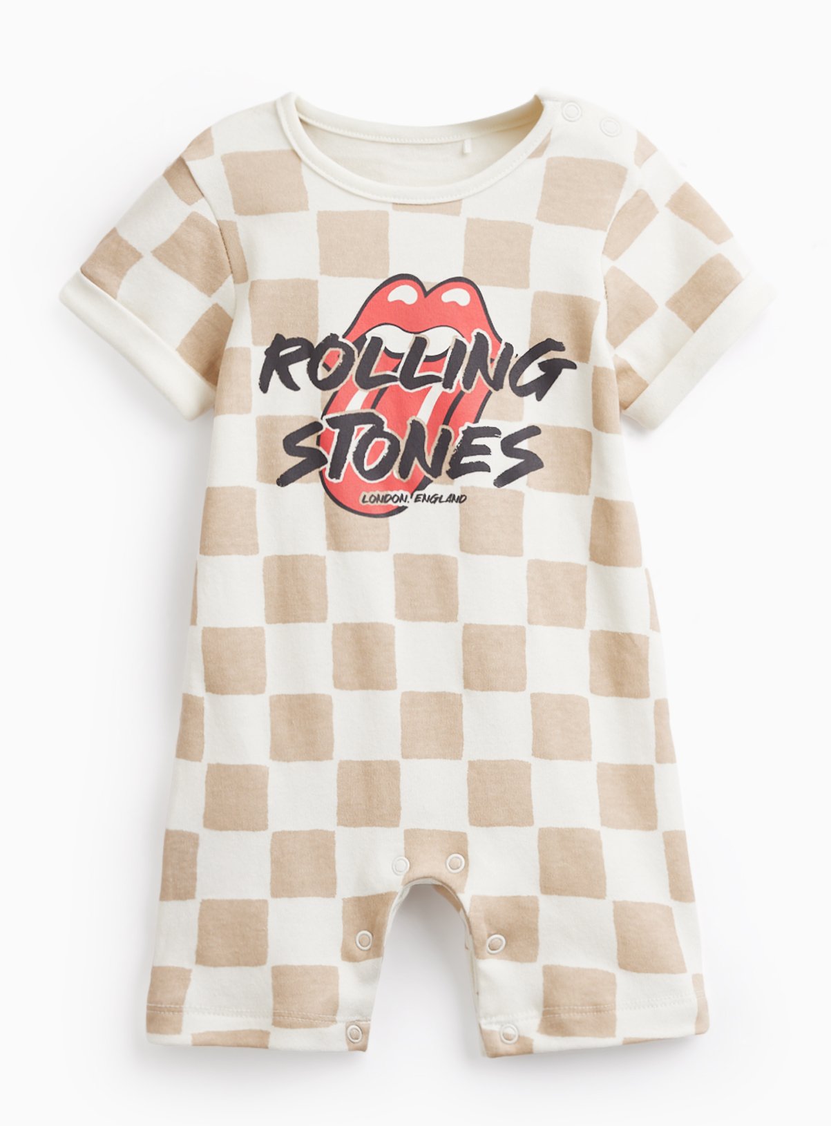 Beige Checkerboard Rolling Stones Print Romper 3-6 months