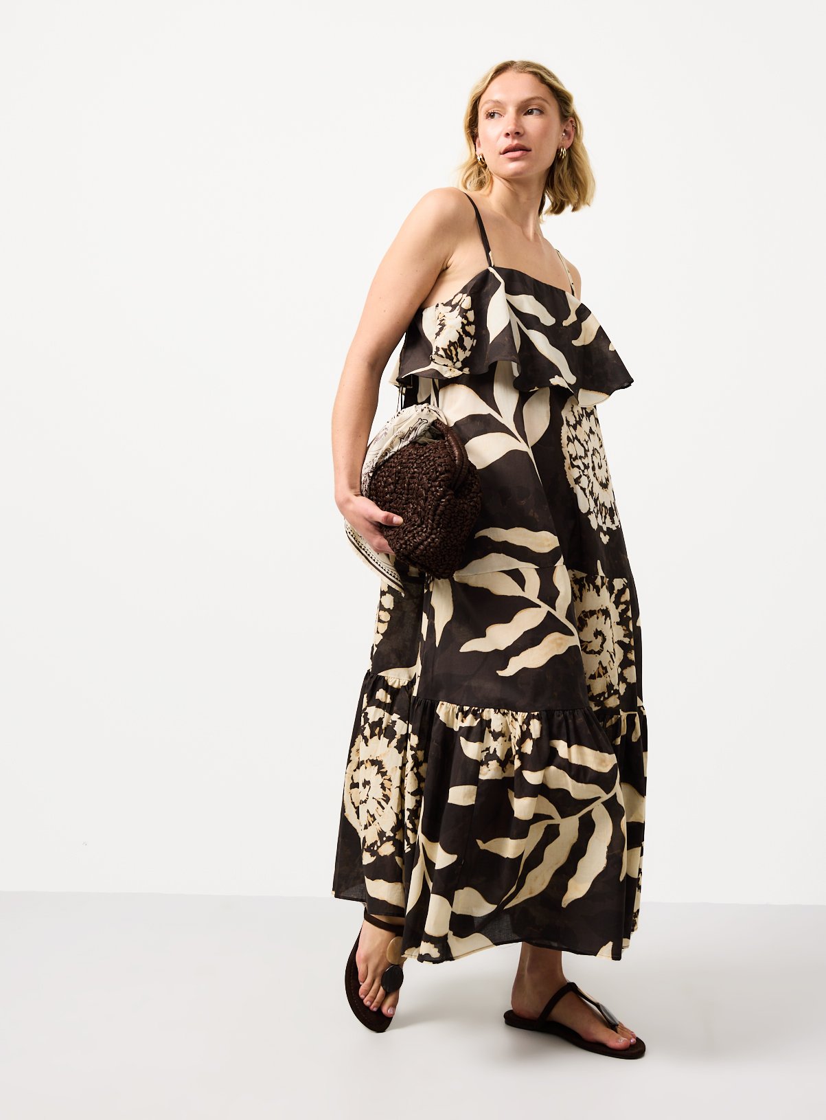 Brown Floral Print Tiered Trapeze Dress 8