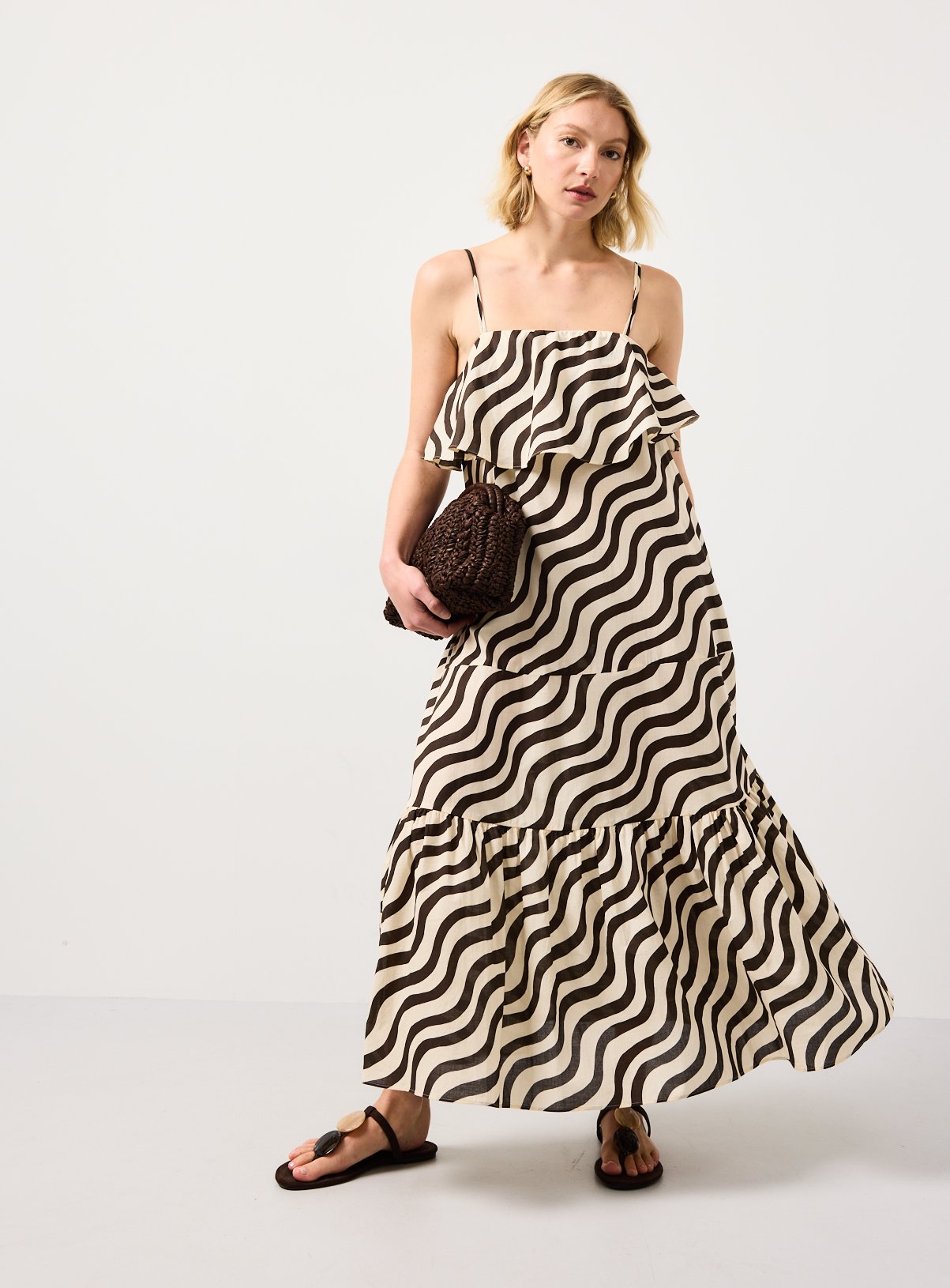 Cream Wavy Stripe Print Tiered Trapeze Dress 12