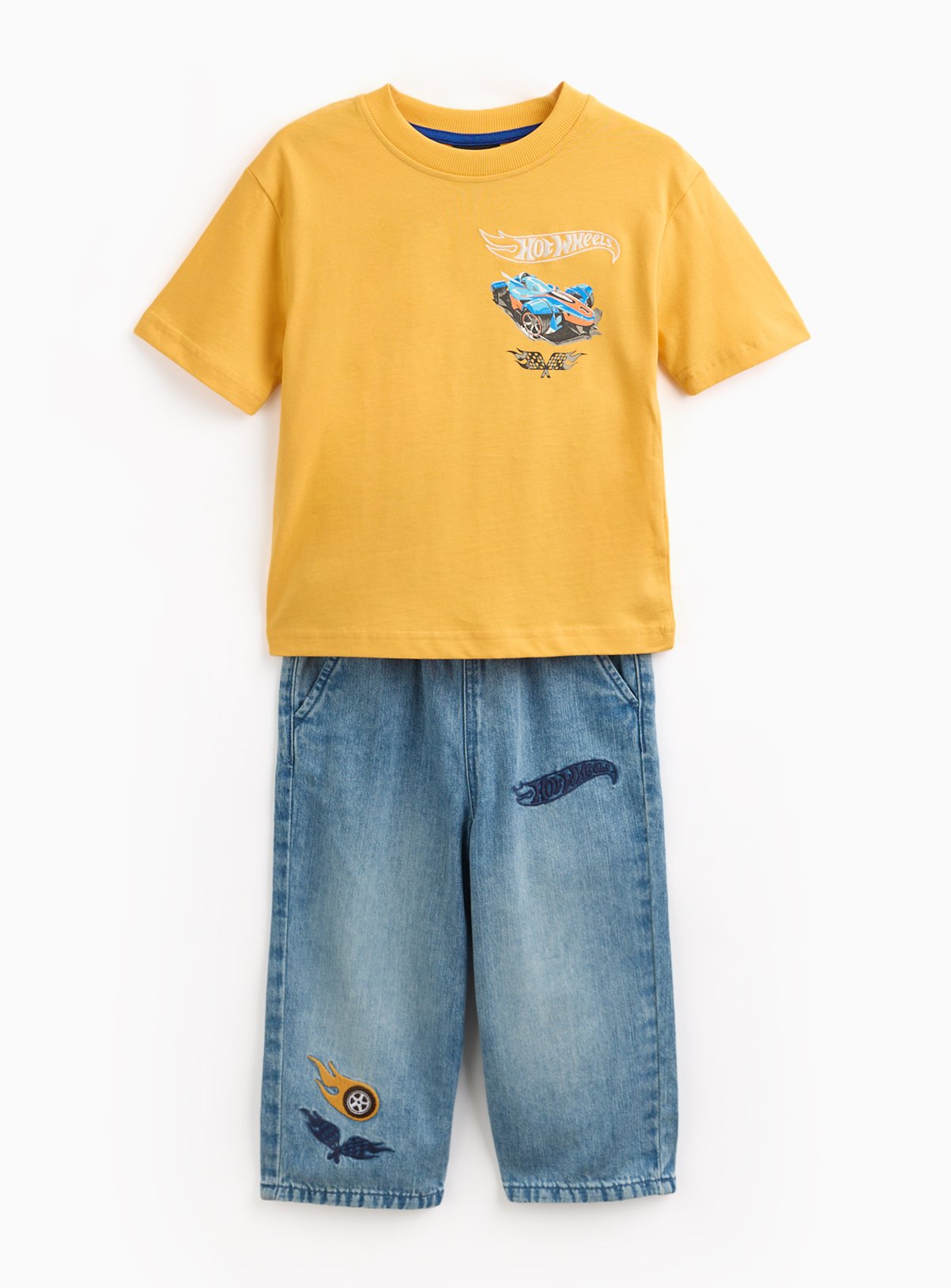 Yellow Hot Wheels Print T-Shirt & Jeans Set 