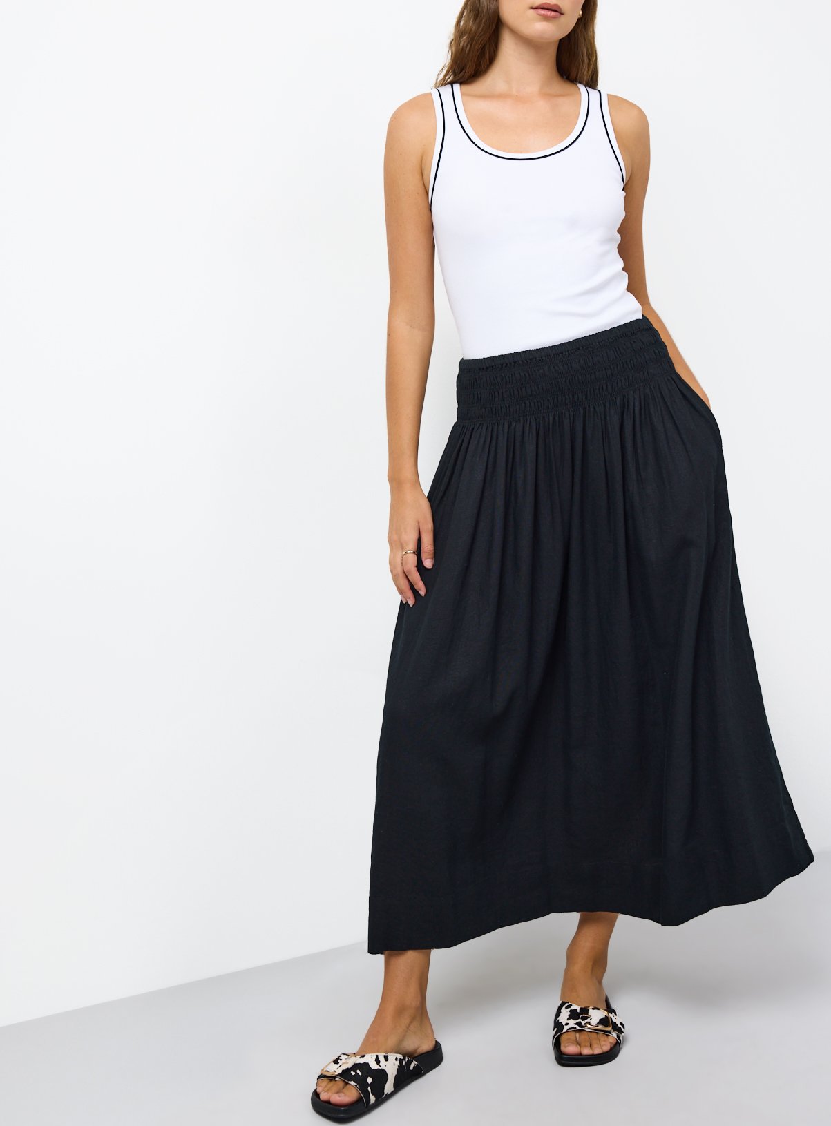 Black Linen Rich Shirred Waist Midaxi Skirt 18