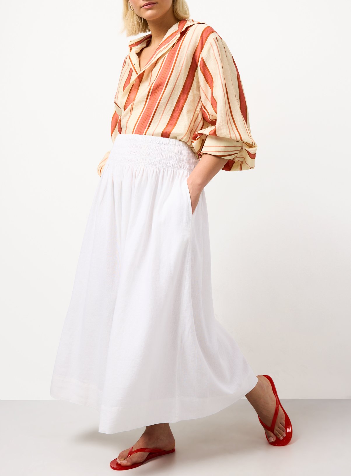 White Linen Rich Shirred Waist Midaxi Skirt 22