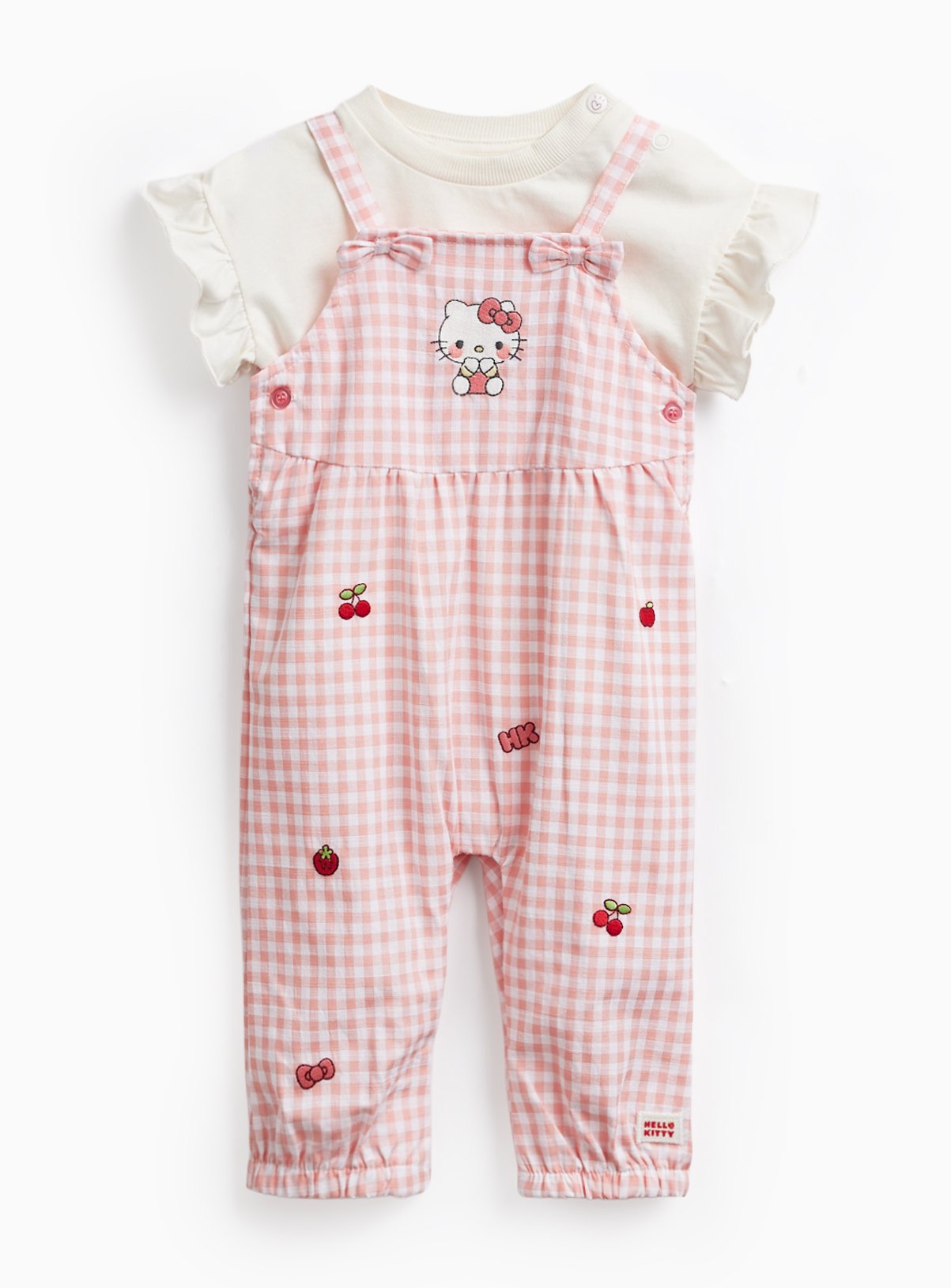 Pink Gingham Hello Kitty Print Dungarees & T-Shirt Set Up to 3 mths