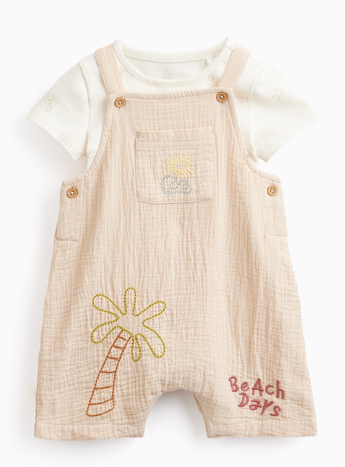 Cream Beach Print Dungarees & Bodysuit Set 