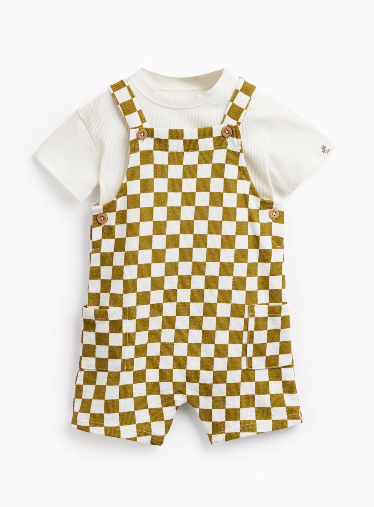 Khaki Checkerboard Print Dungarees & Bodysuit Set 12-18 months