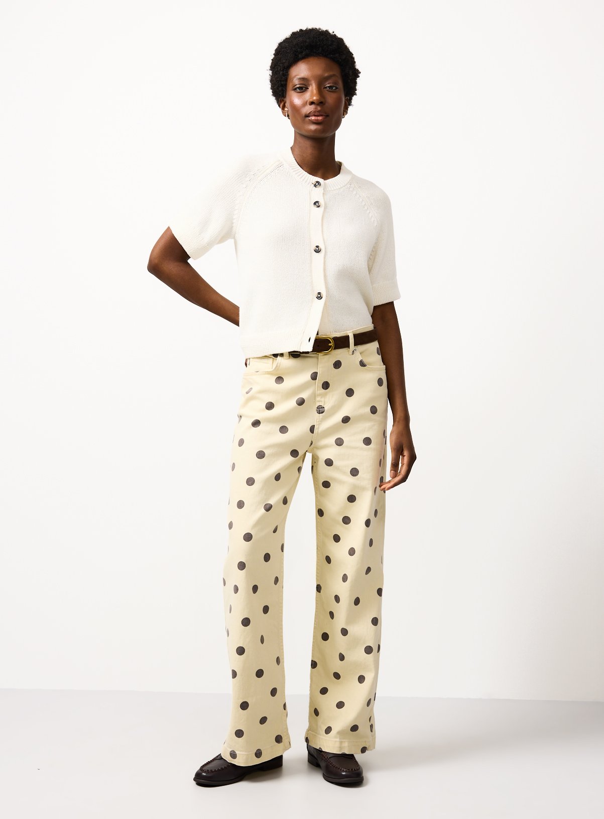 Light Yellow Polka Dot Print Wide Leg Ankle Grazer Jeans 