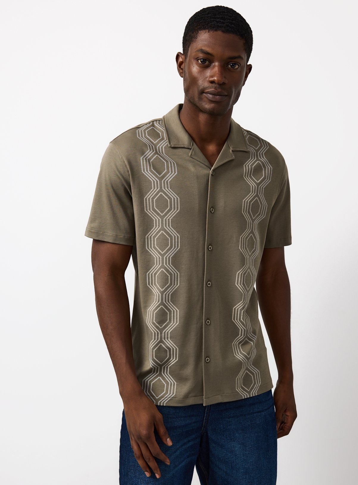 Khaki Retro Print Revere Neck Shirt XL