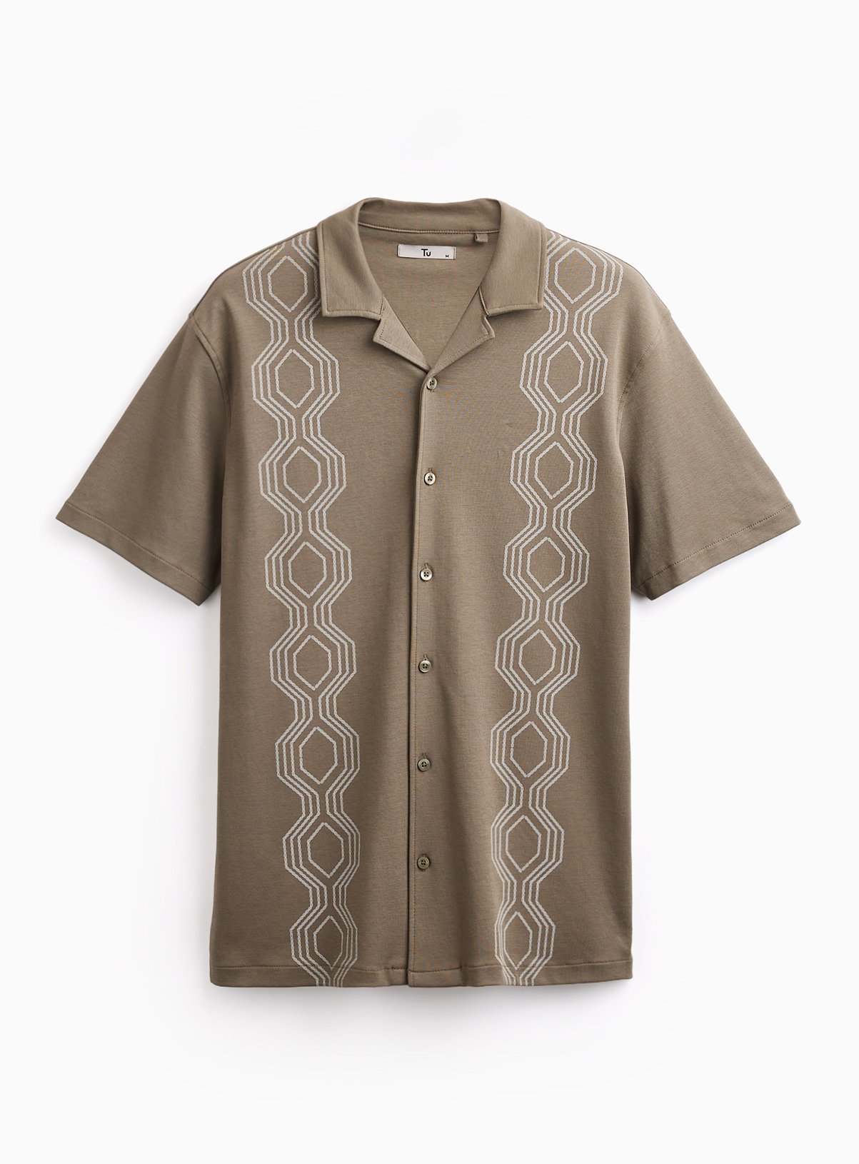 Khaki Retro Print Revere Neck Shirt