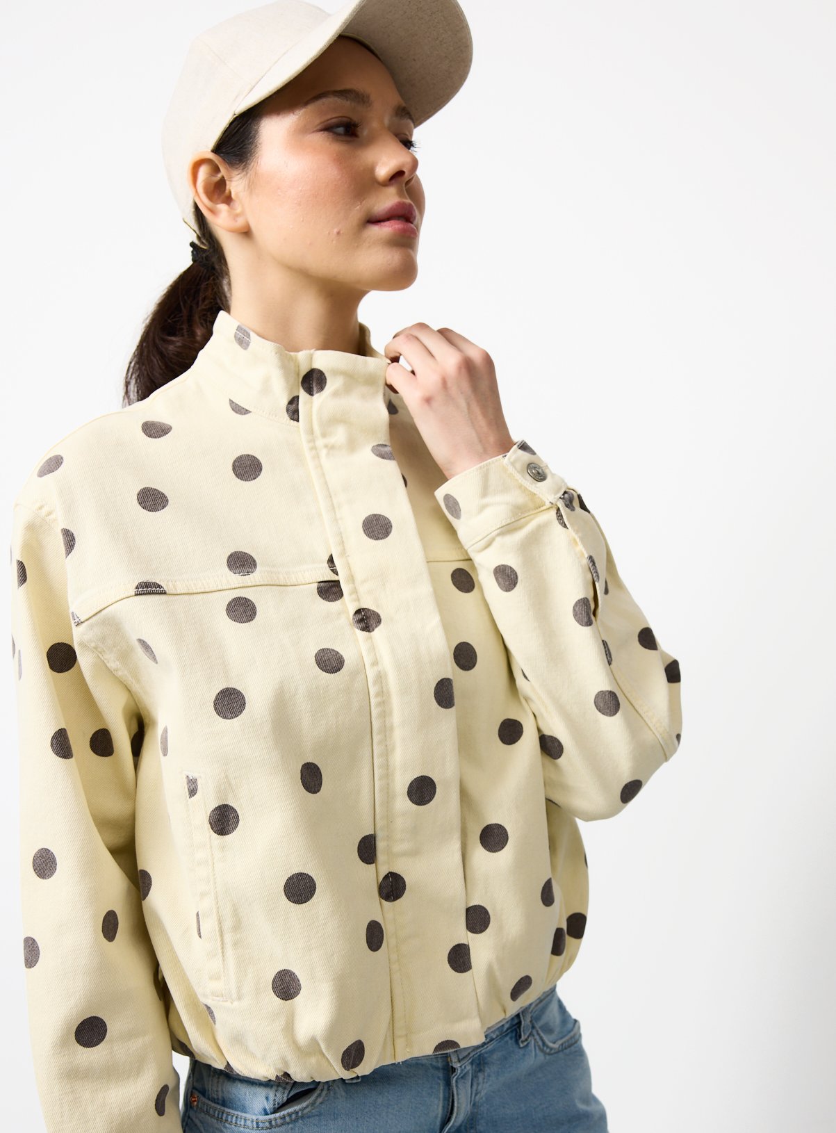 Light Yellow Polka Dot Funnel Neck Bomber Jacket 8
