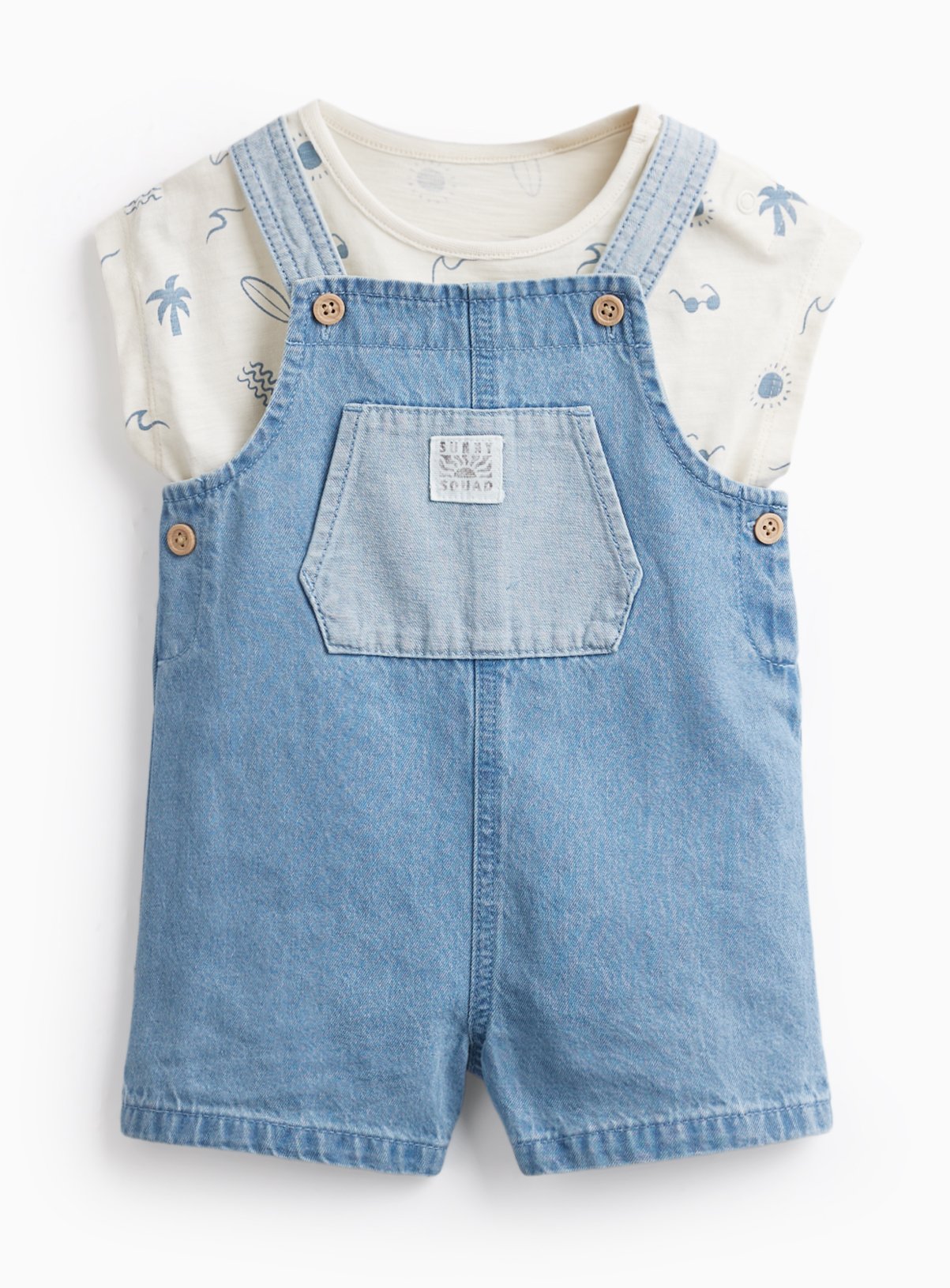 Blue Denim Dungarees & Beach Print Bodysuit Set 6-9 months